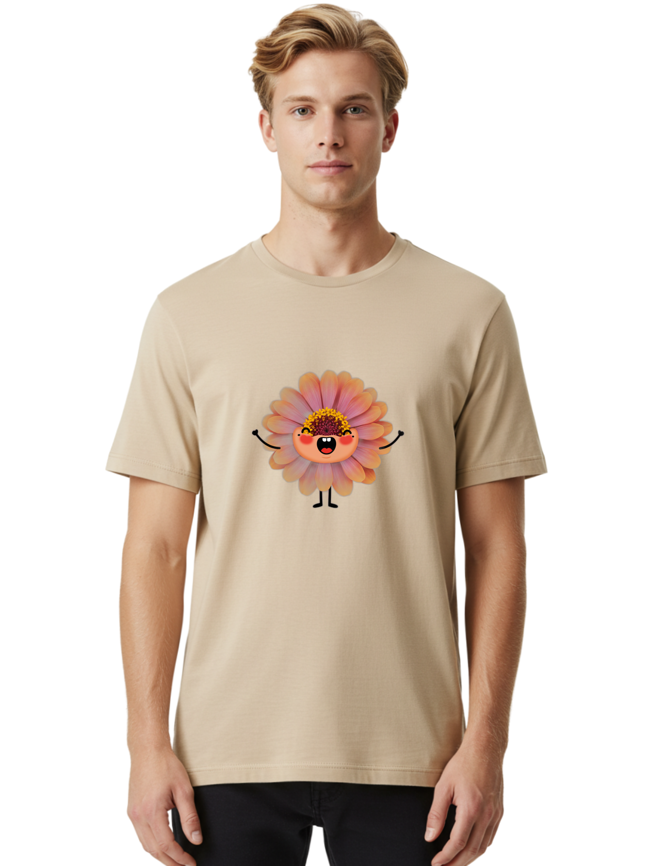 Smiling-Flower-Character Men'S Graphic Tee, 100% Cotton, Comfortable Casual Summer Wear, Machine Washable, Cartoon Flower, Anthropomorphic Flower, Smiling Face, Happy Expression, Colorful Petals, Pink And Green Hues, Whimsical Character, Bae286