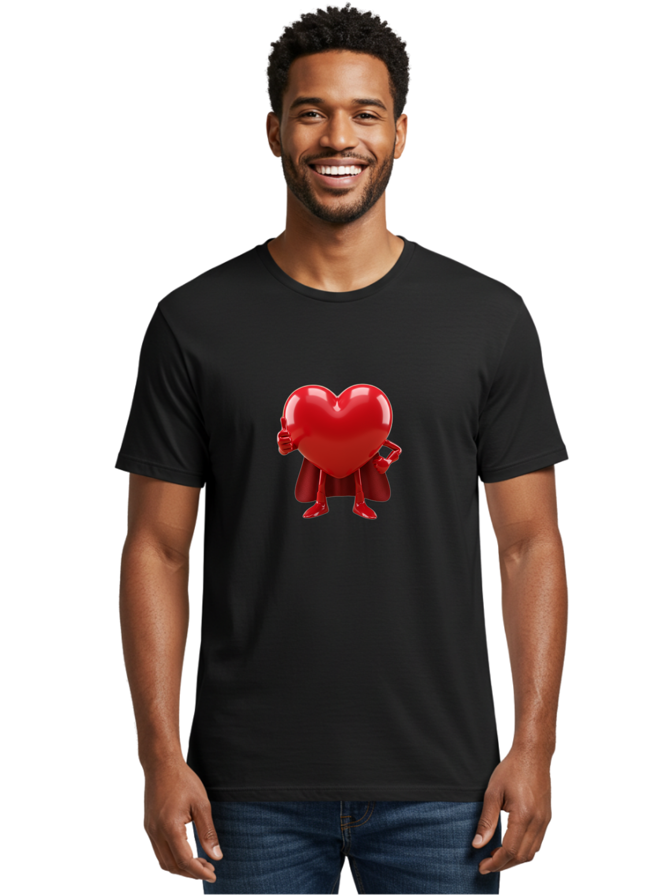 Super-Heart Men'S Graphic Tee, 100% Cotton, Comfortable Casual Summer Wear, Machine Washable, Heart Superhero, Red Heart Character, Thumbs Up Approval, Cape, Confidence, Positive Vibes, Cartoon Style, 3D Illustration, Love Symbol, Hero Pose Bae288