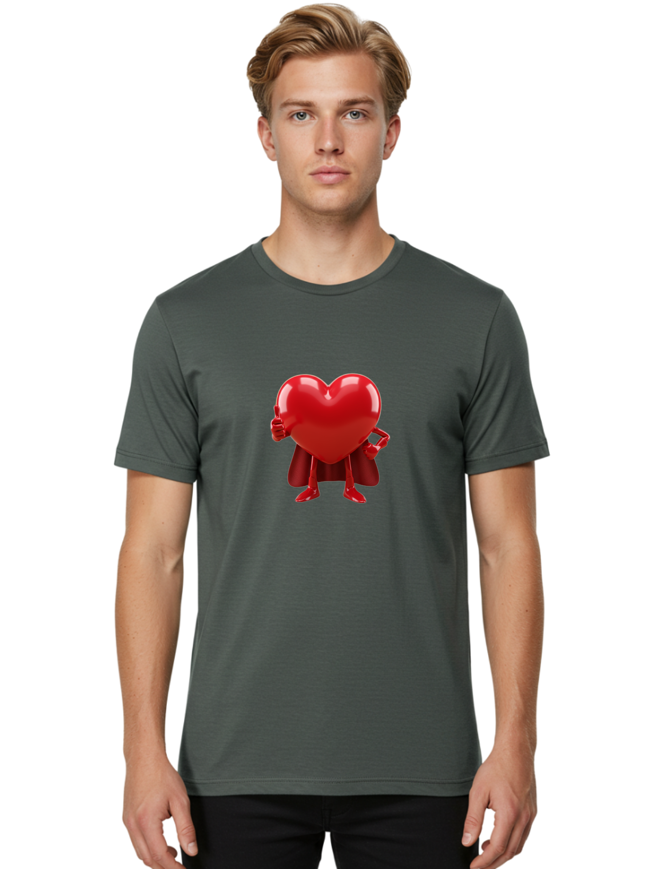 Super-Heart Men'S Graphic Tee, 100% Cotton, Comfortable Casual Summer Wear, Machine Washable, Heart Superhero, Red Heart Character, Thumbs Up Approval, Cape, Confidence, Positive Vibes, Cartoon Style, 3D Illustration, Love Symbol, Hero Pose Bae288