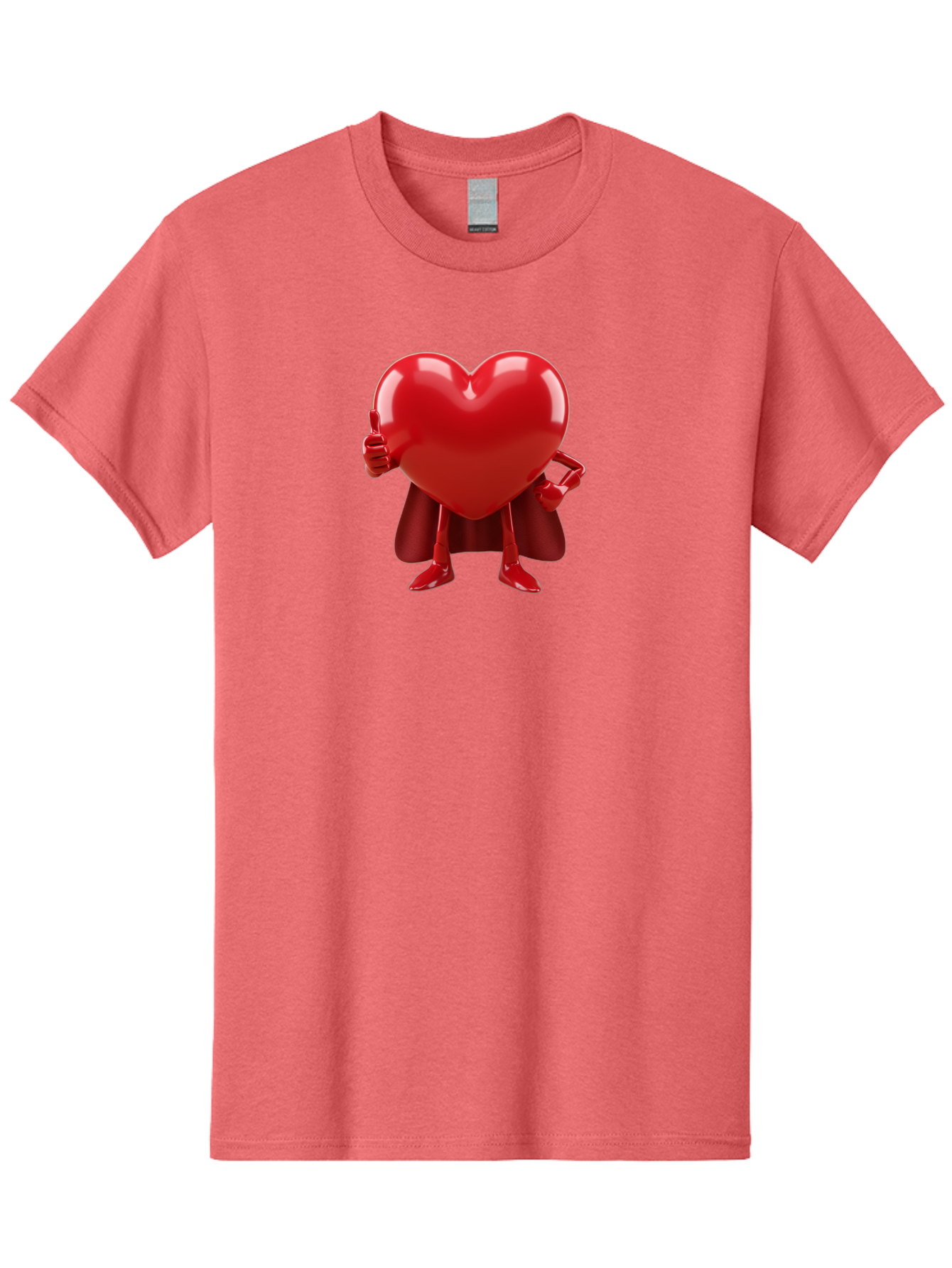 Super-Heart Men'S Graphic Tee, 100% Cotton, Comfortable Casual Summer Wear, Machine Washable, Heart Superhero, Red Heart Character, Thumbs Up Approval, Cape, Confidence, Positive Vibes, Cartoon Style, 3D Illustration, Love Symbol, Hero Pose Bae288