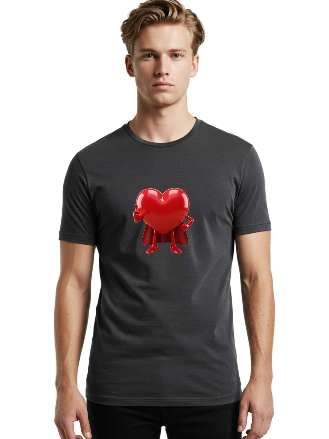 Super-Heart Men'S Graphic Tee, 100% Cotton, Comfortable Casual Summer Wear, Machine Washable, Heart Superhero, Red Heart Character, Thumbs Up Approval, Cape, Confidence, Positive Vibes, Cartoon Style, 3D Illustration, Love Symbol, Hero Pose Bae288