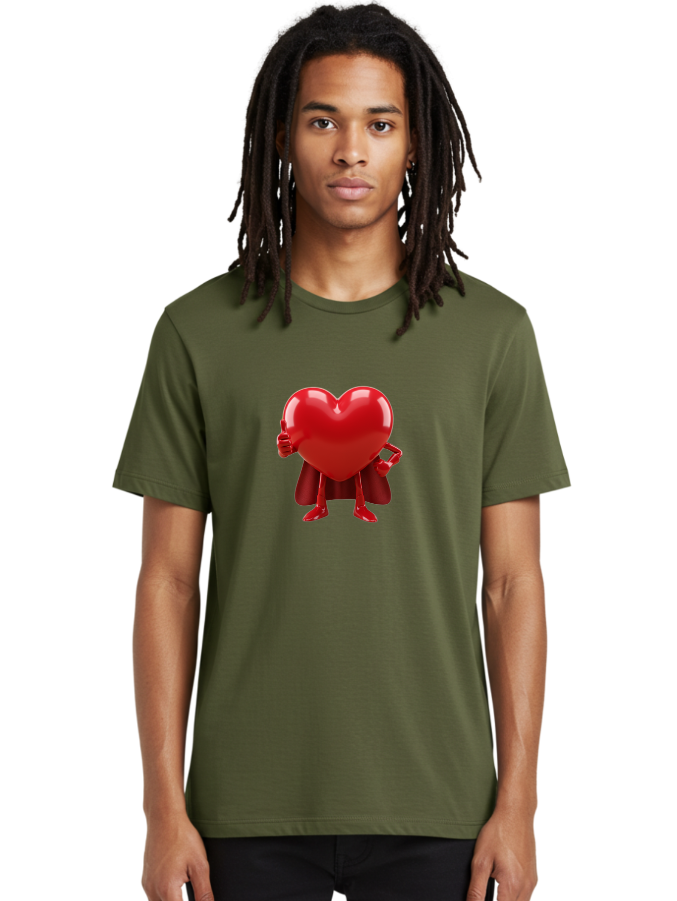 Super-Heart Men'S Graphic Tee, 100% Cotton, Comfortable Casual Summer Wear, Machine Washable, Heart Superhero, Red Heart Character, Thumbs Up Approval, Cape, Confidence, Positive Vibes, Cartoon Style, 3D Illustration, Love Symbol, Hero Pose Bae288