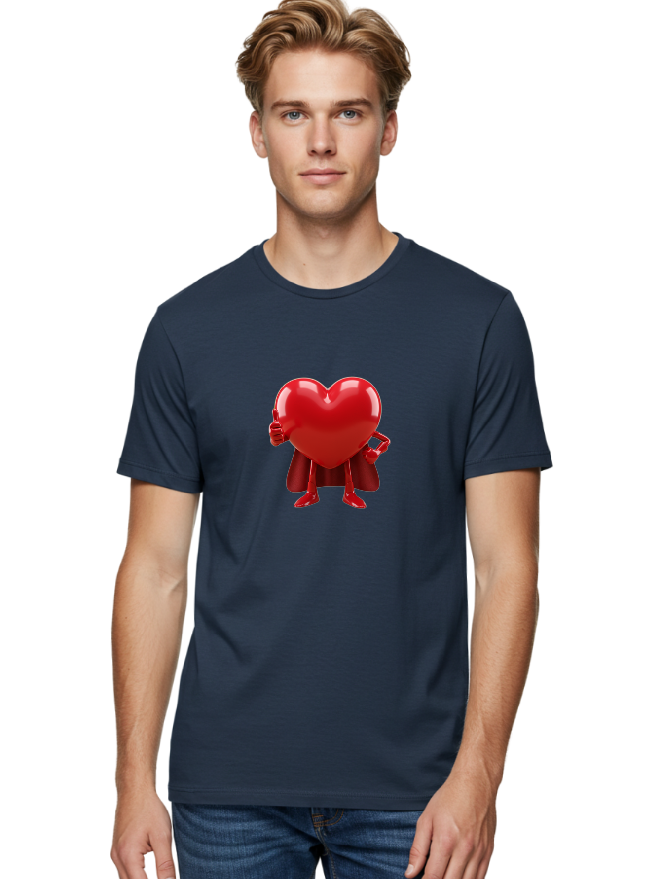 Super-Heart Men'S Graphic Tee, 100% Cotton, Comfortable Casual Summer Wear, Machine Washable, Heart Superhero, Red Heart Character, Thumbs Up Approval, Cape, Confidence, Positive Vibes, Cartoon Style, 3D Illustration, Love Symbol, Hero Pose Bae288