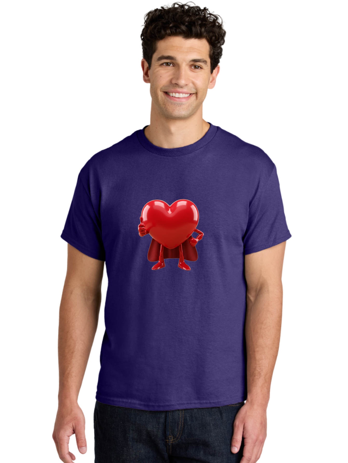 Super-Heart Men'S Graphic Tee, 100% Cotton, Comfortable Casual Summer Wear, Machine Washable, Heart Superhero, Red Heart Character, Thumbs Up Approval, Cape, Confidence, Positive Vibes, Cartoon Style, 3D Illustration, Love Symbol, Hero Pose Bae288