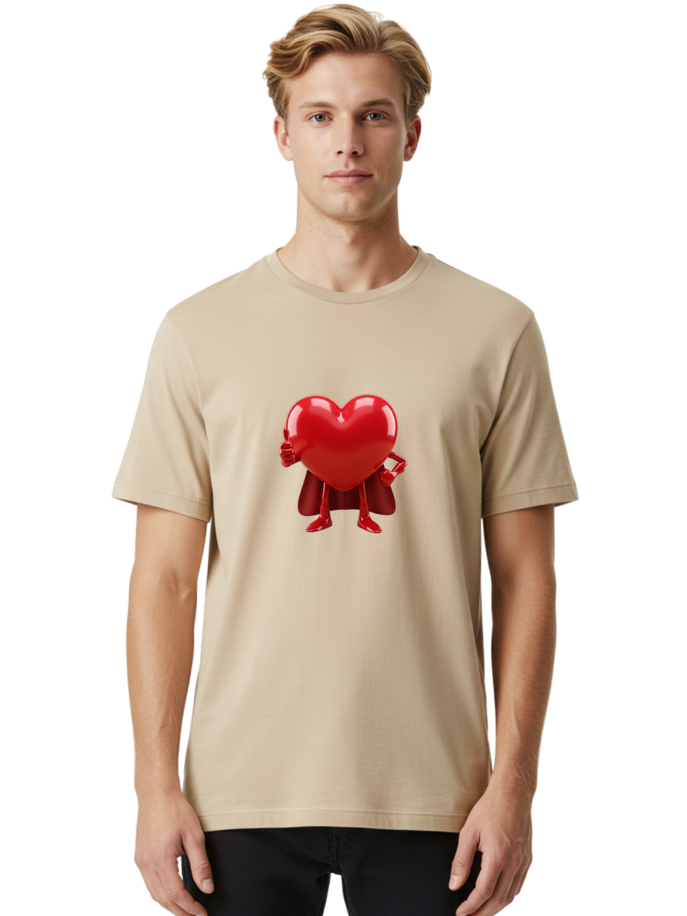Super-Heart Men'S Graphic Tee, 100% Cotton, Comfortable Casual Summer Wear, Machine Washable, Heart Superhero, Red Heart Character, Thumbs Up Approval, Cape, Confidence, Positive Vibes, Cartoon Style, 3D Illustration, Love Symbol, Hero Pose Bae288