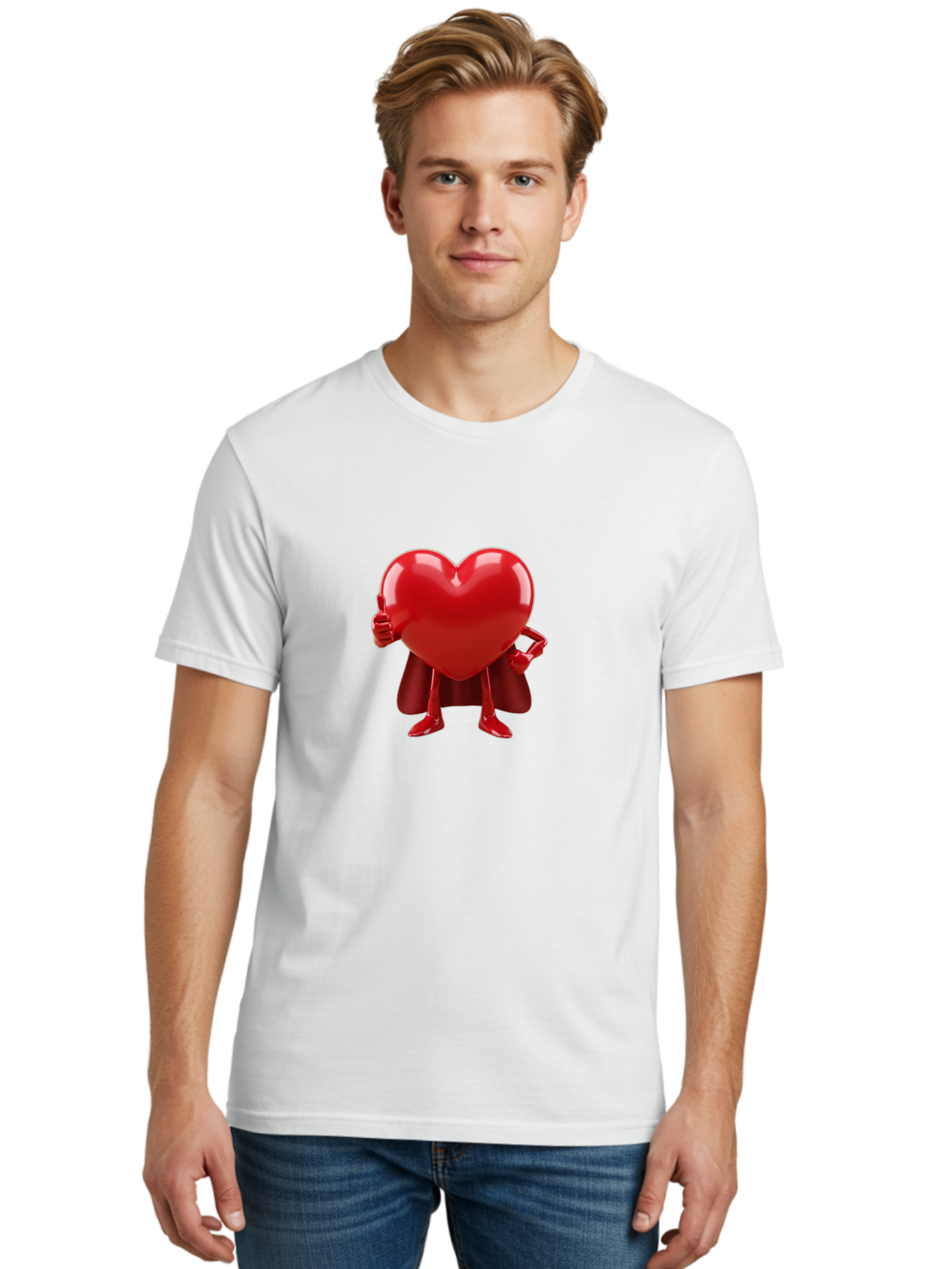 Super-Heart Men'S Graphic Tee, 100% Cotton, Comfortable Casual Summer Wear, Machine Washable, Heart Superhero, Red Heart Character, Thumbs Up Approval, Cape, Confidence, Positive Vibes, Cartoon Style, 3D Illustration, Love Symbol, Hero Pose Bae288