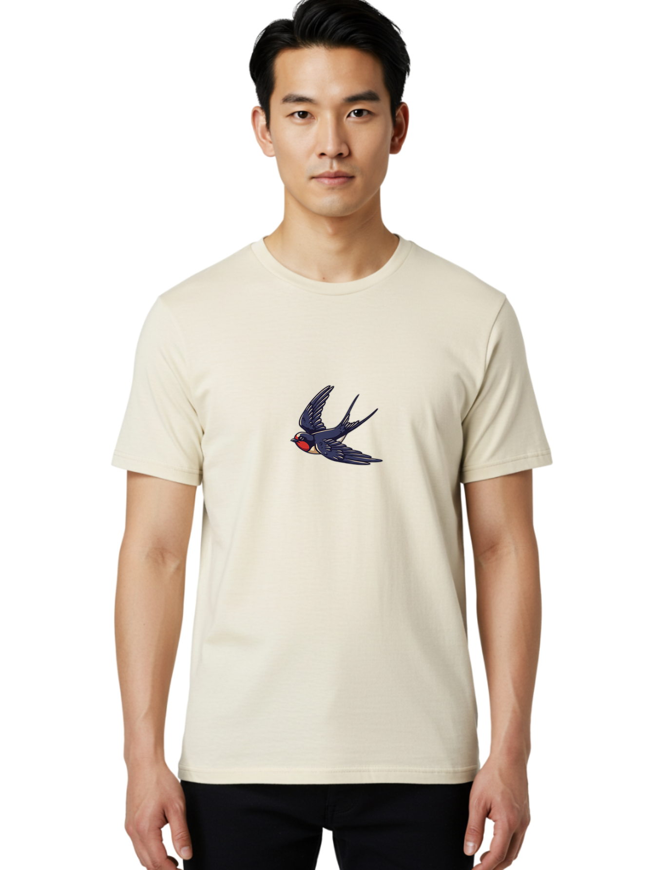Swallow-1 Men'S Graphic Tee, 100% Cotton, Comfortable Casual Summer Wear, Machine Washable, Swallow Bird In Flight, Dark Blue Wings, Red Face, White Belly, Bird Illustration, Cartoon Style, Wildlife Art, Flying Bird, Stylized Portrait Bae289