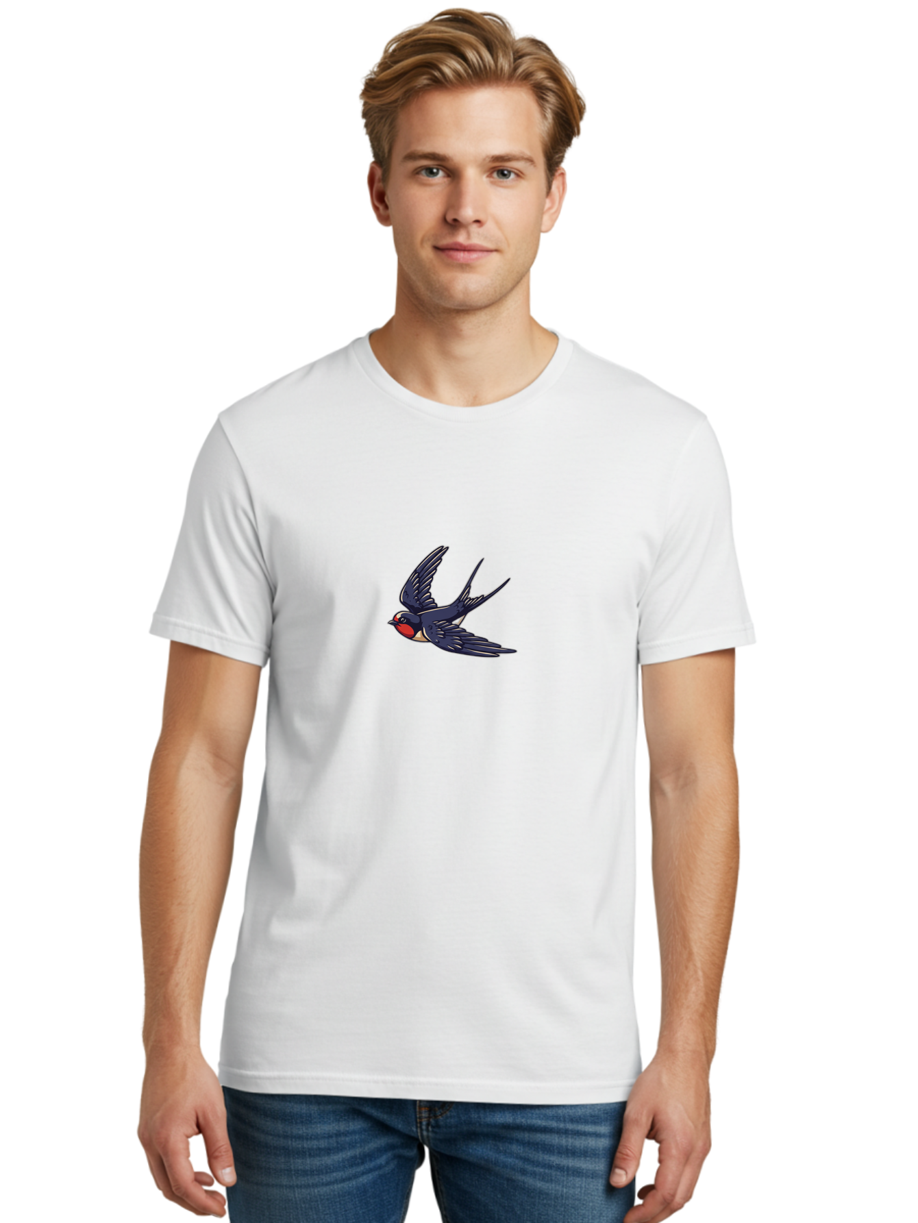 Swallow-1 Men'S Graphic Tee, 100% Cotton, Comfortable Casual Summer Wear, Machine Washable, Swallow Bird In Flight, Dark Blue Wings, Red Face, White Belly, Bird Illustration, Cartoon Style, Wildlife Art, Flying Bird, Stylized Portrait Bae289