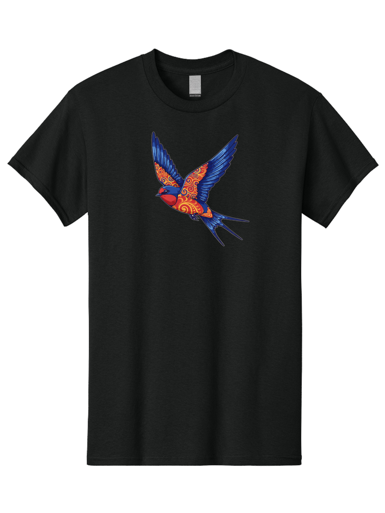 Swallow-2 Men'S Graphic Tee, 100% Cotton, Comfortable Casual Summer Wear, Machine Washable, Swallow Bird, Vibrant Bird Design, Red And Blue Bird, Ornate Patterns, Swirling Motifs, Bird In Flight, Colorful Artwork, Folk Art Style, Bae290