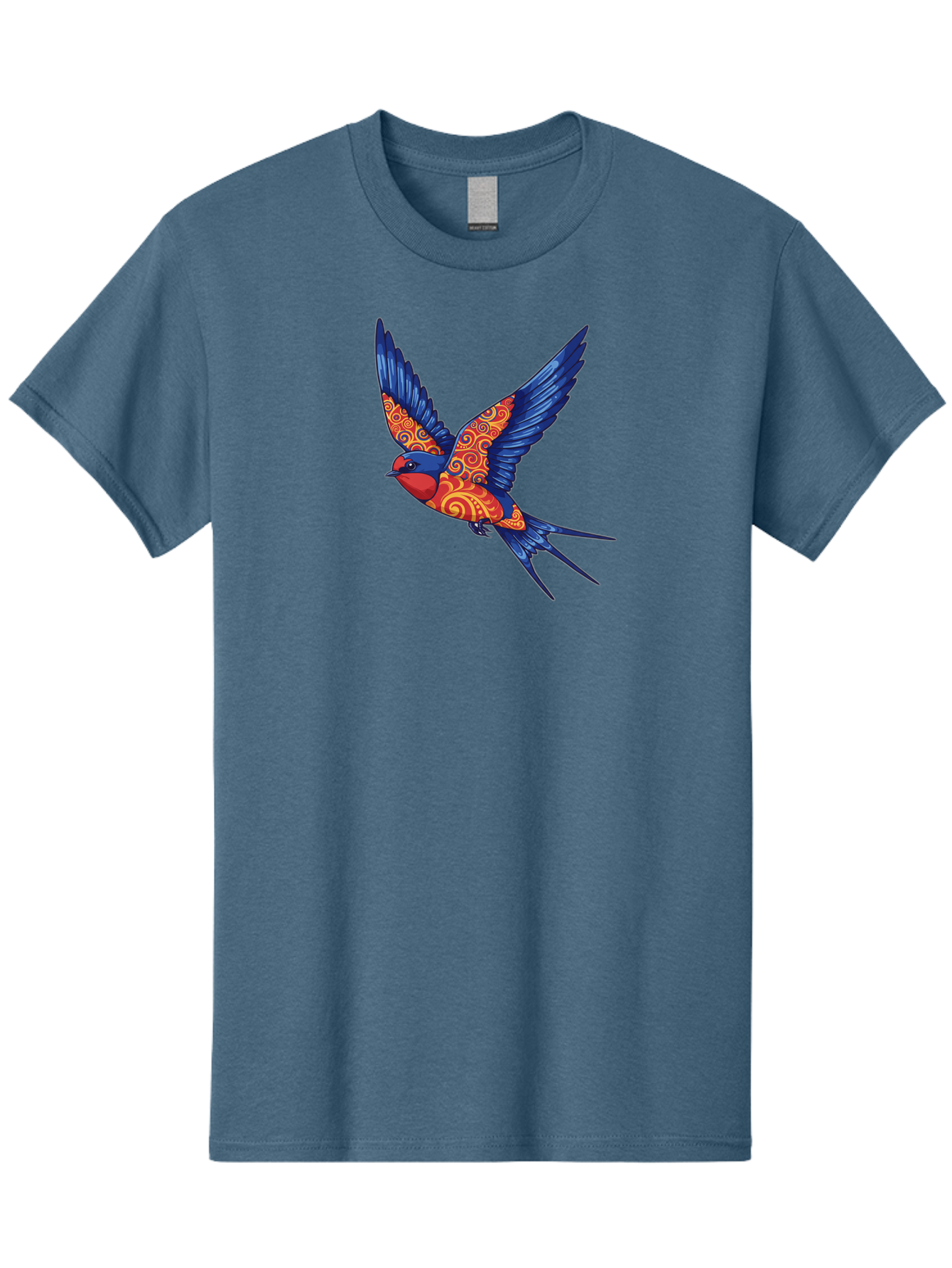Swallow-2 Men'S Graphic Tee, 100% Cotton, Comfortable Casual Summer Wear, Machine Washable, Swallow Bird, Vibrant Bird Design, Red And Blue Bird, Ornate Patterns, Swirling Motifs, Bird In Flight, Colorful Artwork, Folk Art Style, Bae290