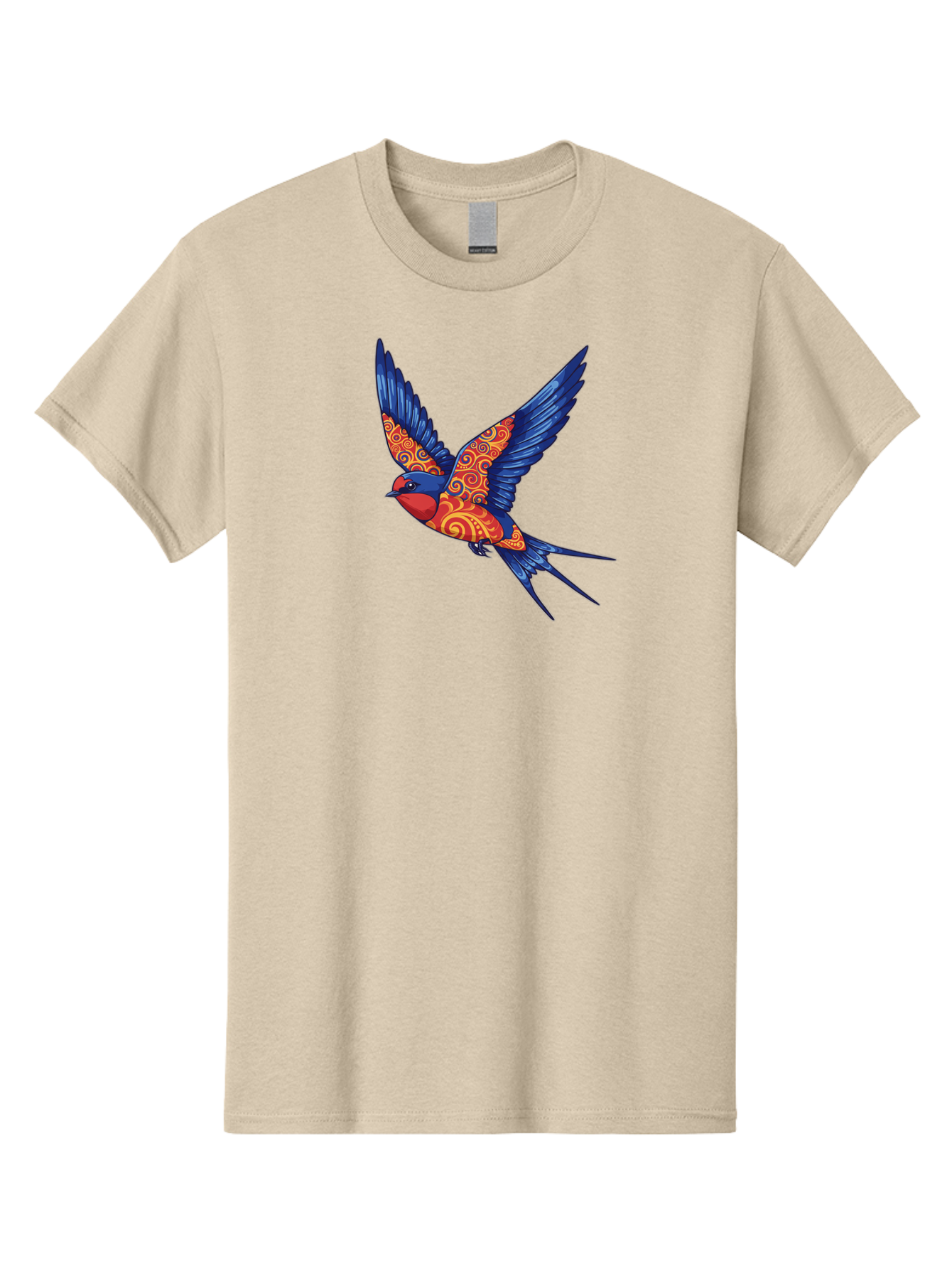 Swallow-2 Men'S Graphic Tee, 100% Cotton, Comfortable Casual Summer Wear, Machine Washable, Swallow Bird, Vibrant Bird Design, Red And Blue Bird, Ornate Patterns, Swirling Motifs, Bird In Flight, Colorful Artwork, Folk Art Style, Bae290