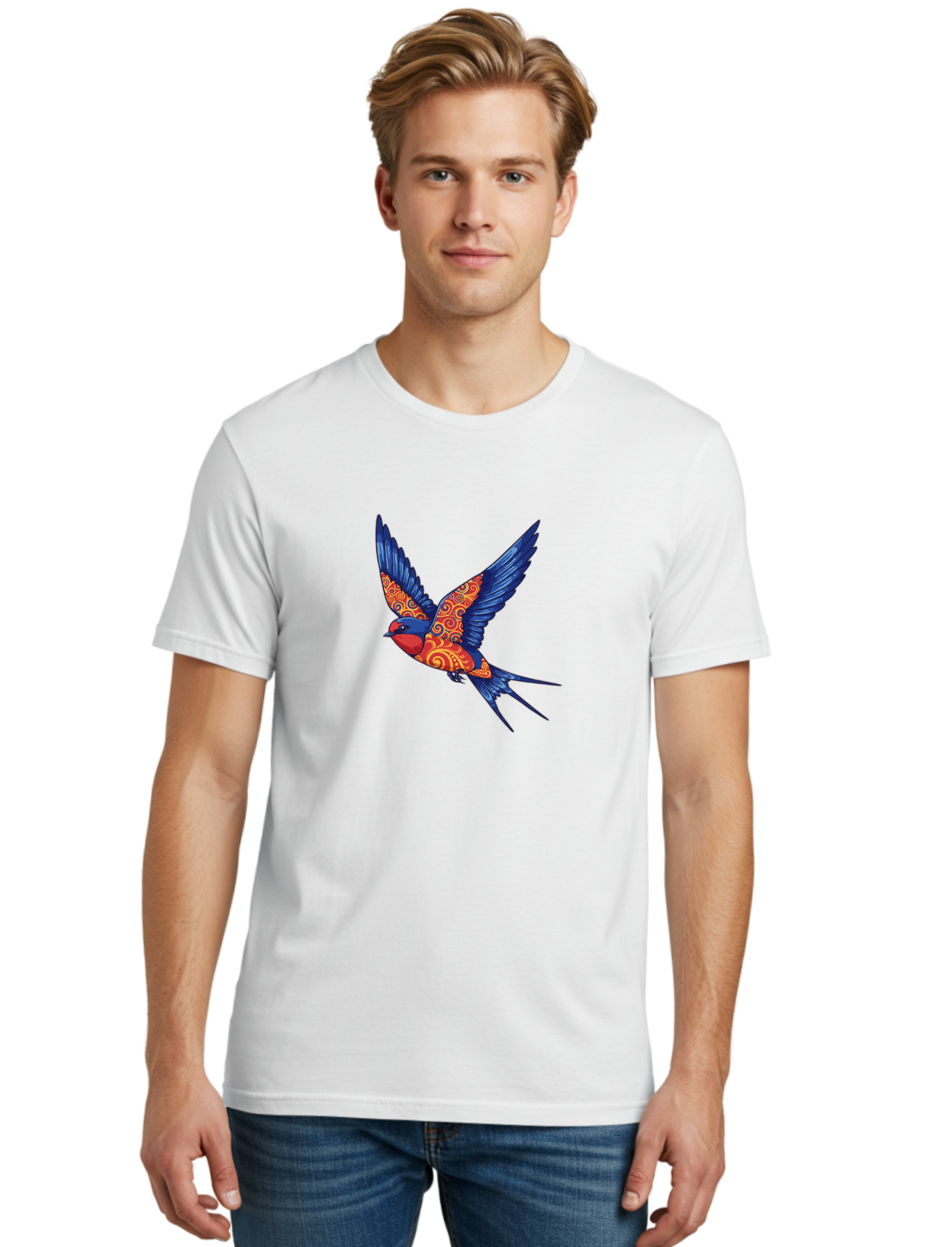 Swallow-2 Men'S Graphic Tee, 100% Cotton, Comfortable Casual Summer Wear, Machine Washable, Swallow Bird, Vibrant Bird Design, Red And Blue Bird, Ornate Patterns, Swirling Motifs, Bird In Flight, Colorful Artwork, Folk Art Style, Bae290