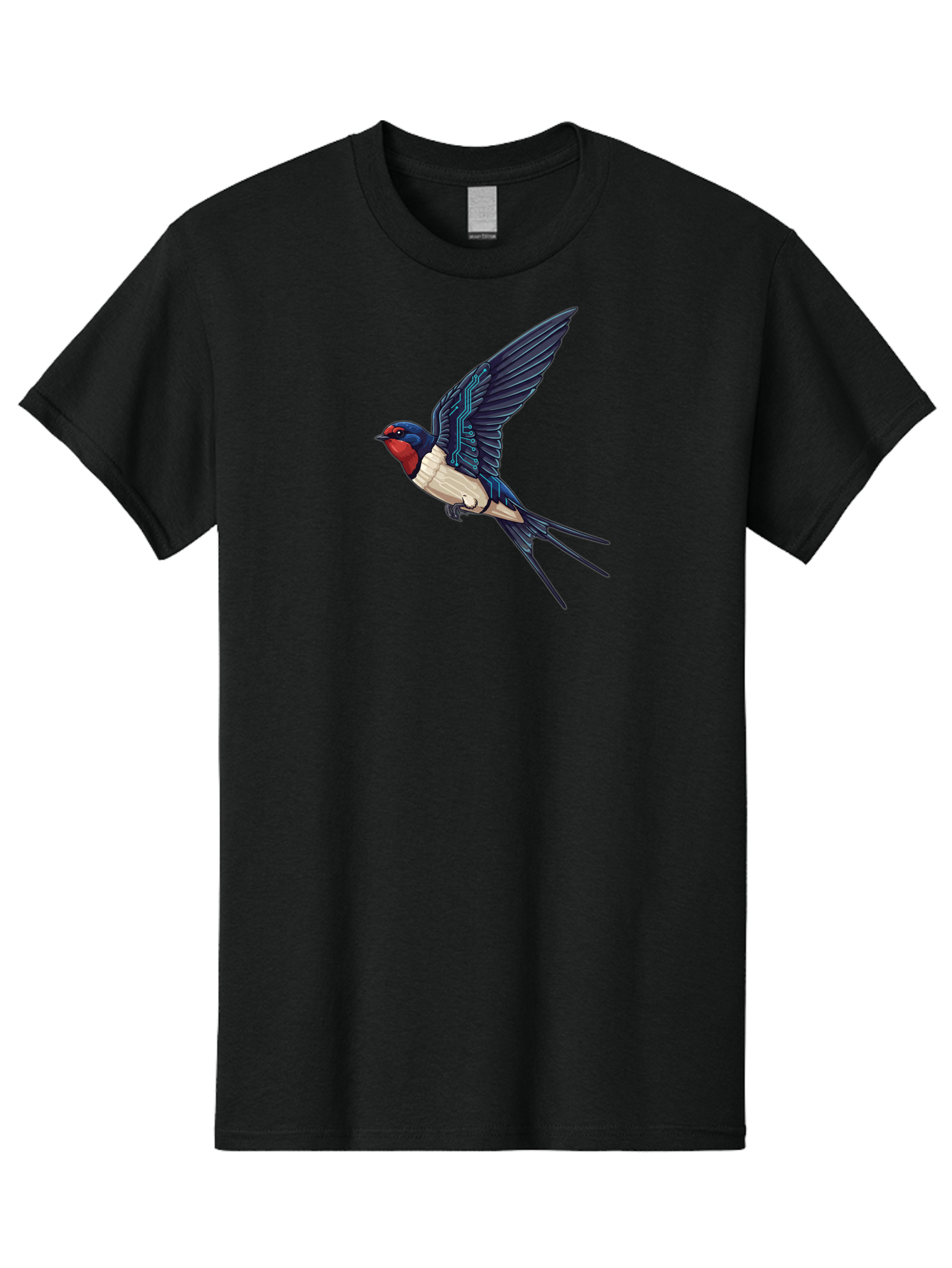 Swallow-3 Men'S Graphic Tee, 100% Cotton, Comfortable Casual Summer Wear, Machine Washable, Barn Swallow In Flight, Blue And White Plumage, Red Face, Sleek Design, Futuristic Elements, Circuit Board Wings, Wildlife Art, Stylized Bird, Bae291
