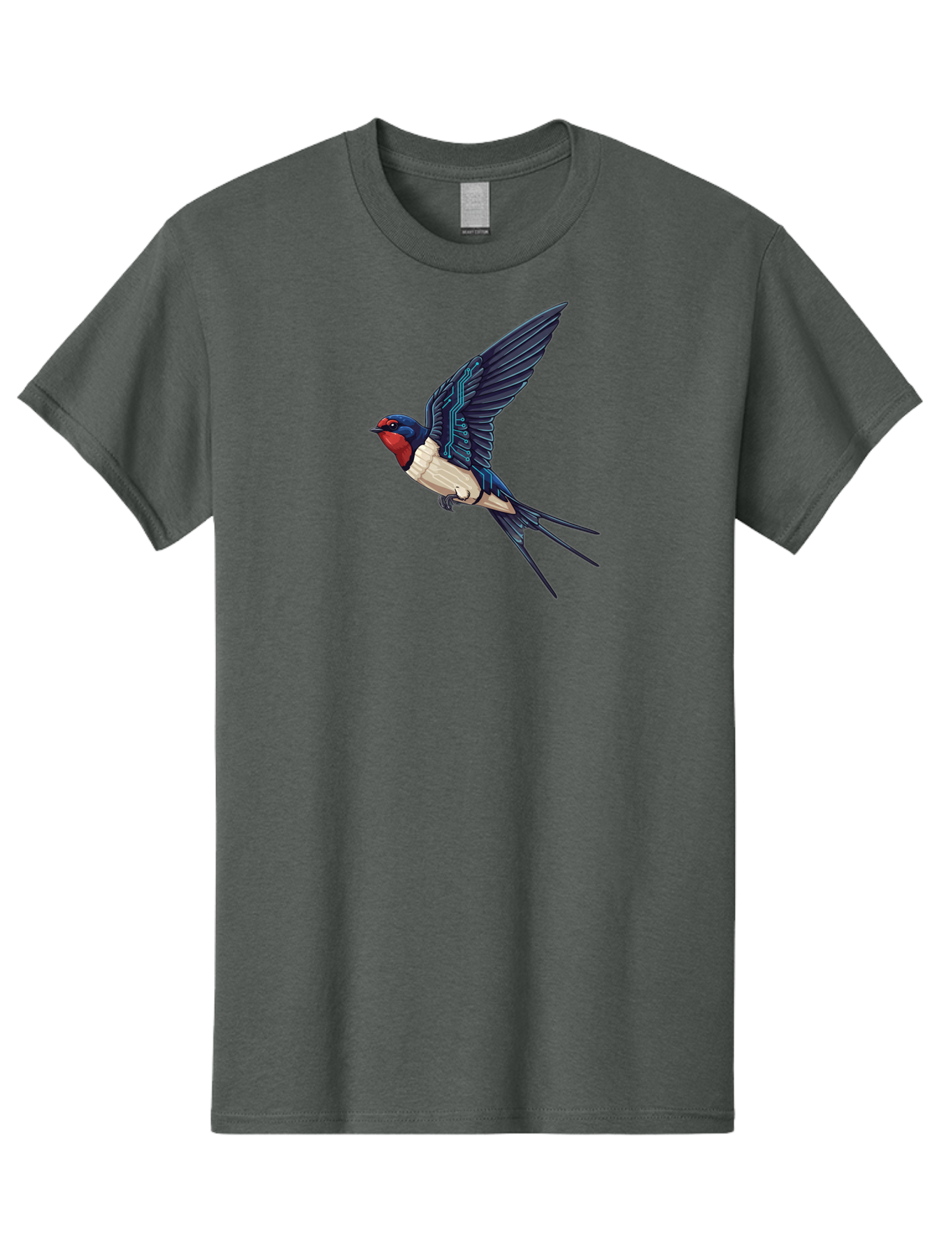Swallow-3 Men'S Graphic Tee, 100% Cotton, Comfortable Casual Summer Wear, Machine Washable, Barn Swallow In Flight, Blue And White Plumage, Red Face, Sleek Design, Futuristic Elements, Circuit Board Wings, Wildlife Art, Stylized Bird, Bae291