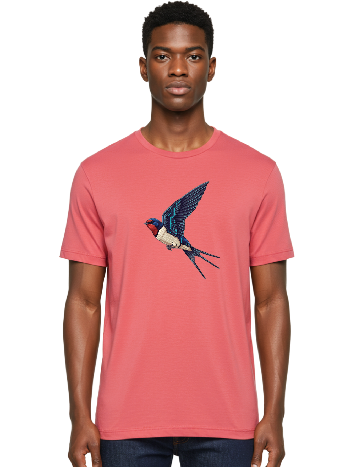 Swallow-3 Men'S Graphic Tee, 100% Cotton, Comfortable Casual Summer Wear, Machine Washable, Barn Swallow In Flight, Blue And White Plumage, Red Face, Sleek Design, Futuristic Elements, Circuit Board Wings, Wildlife Art, Stylized Bird, Bae291