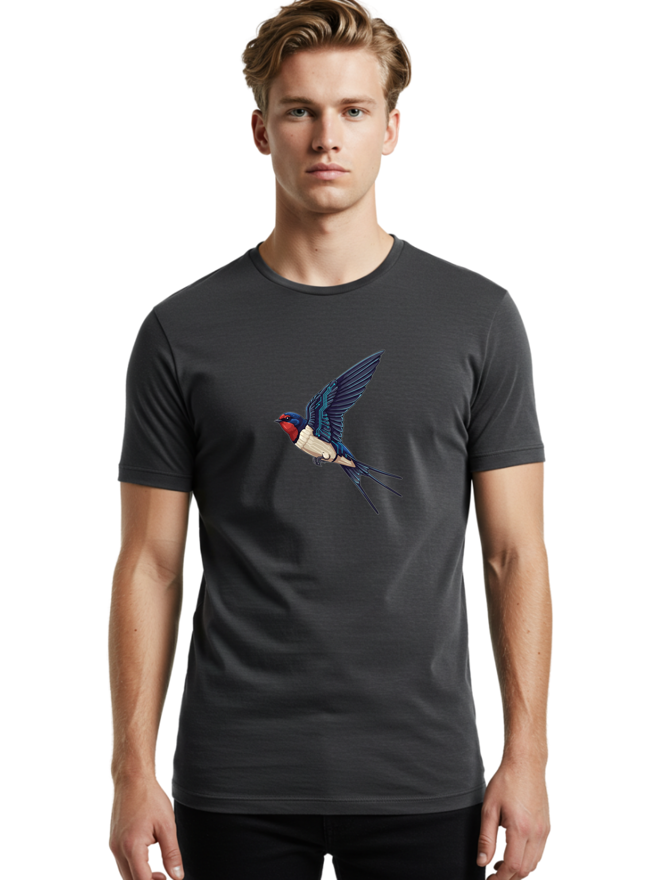 Swallow-3 Men'S Graphic Tee, 100% Cotton, Comfortable Casual Summer Wear, Machine Washable, Barn Swallow In Flight, Blue And White Plumage, Red Face, Sleek Design, Futuristic Elements, Circuit Board Wings, Wildlife Art, Stylized Bird, Bae291
