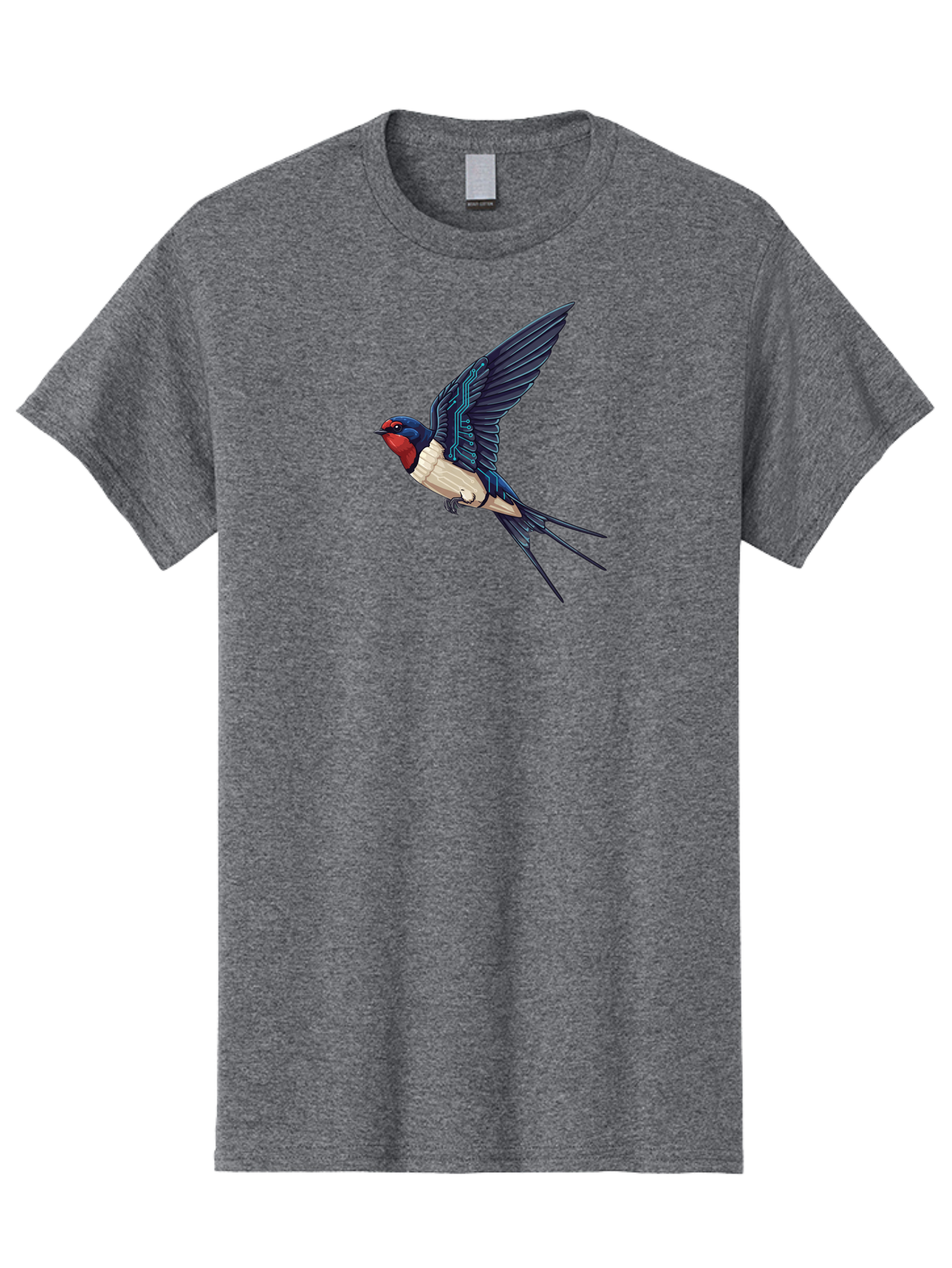 Swallow-3 Men'S Graphic Tee, 100% Cotton, Comfortable Casual Summer Wear, Machine Washable, Barn Swallow In Flight, Blue And White Plumage, Red Face, Sleek Design, Futuristic Elements, Circuit Board Wings, Wildlife Art, Stylized Bird, Bae291