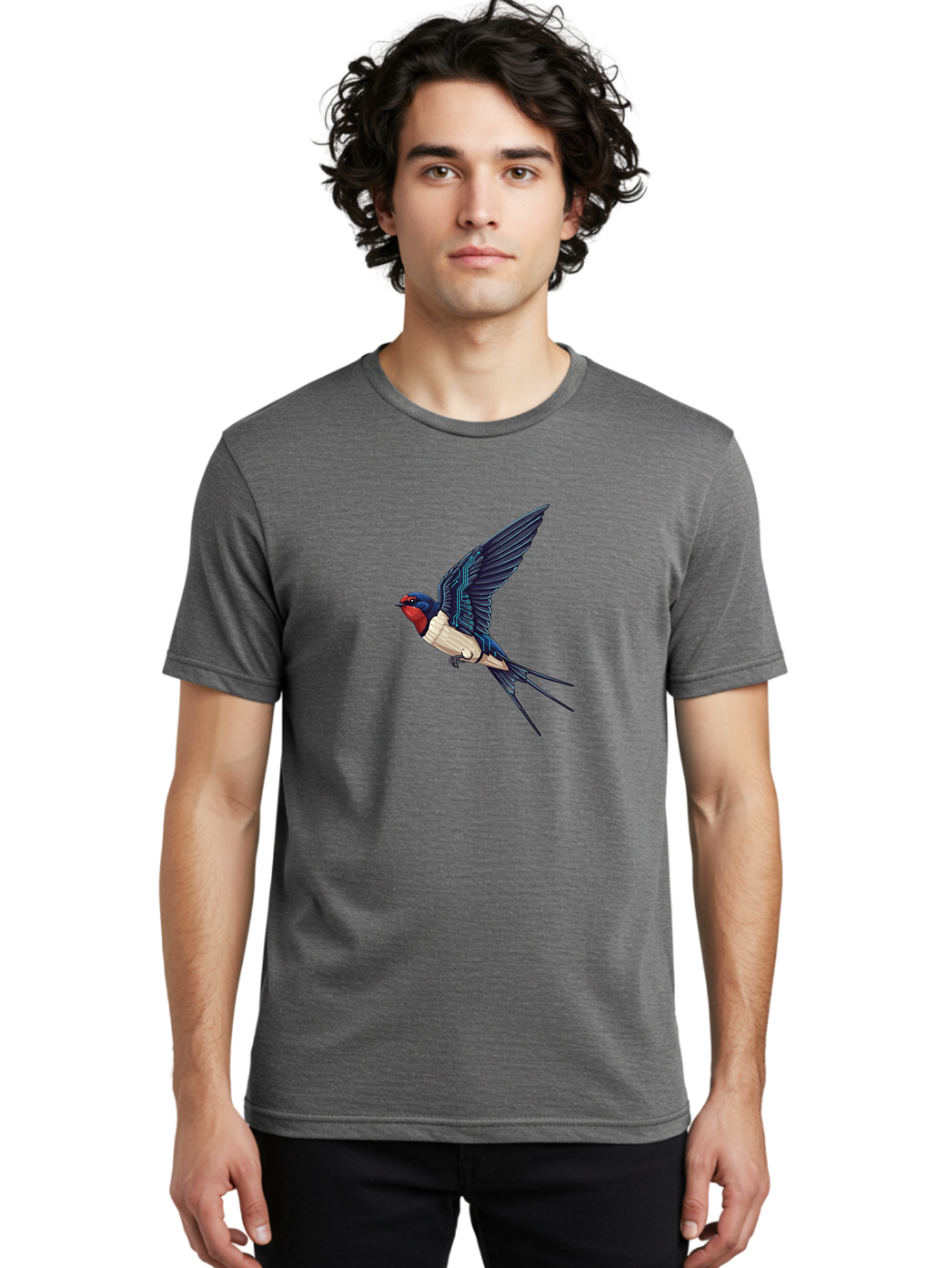 Swallow-3 Men'S Graphic Tee, 100% Cotton, Comfortable Casual Summer Wear, Machine Washable, Barn Swallow In Flight, Blue And White Plumage, Red Face, Sleek Design, Futuristic Elements, Circuit Board Wings, Wildlife Art, Stylized Bird, Bae291