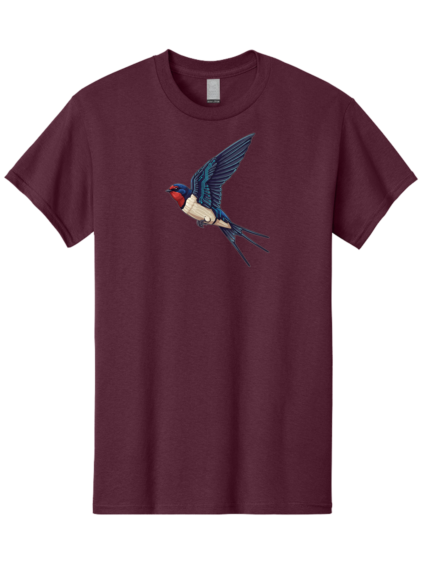 Swallow-3 Men'S Graphic Tee, 100% Cotton, Comfortable Casual Summer Wear, Machine Washable, Barn Swallow In Flight, Blue And White Plumage, Red Face, Sleek Design, Futuristic Elements, Circuit Board Wings, Wildlife Art, Stylized Bird, Bae291