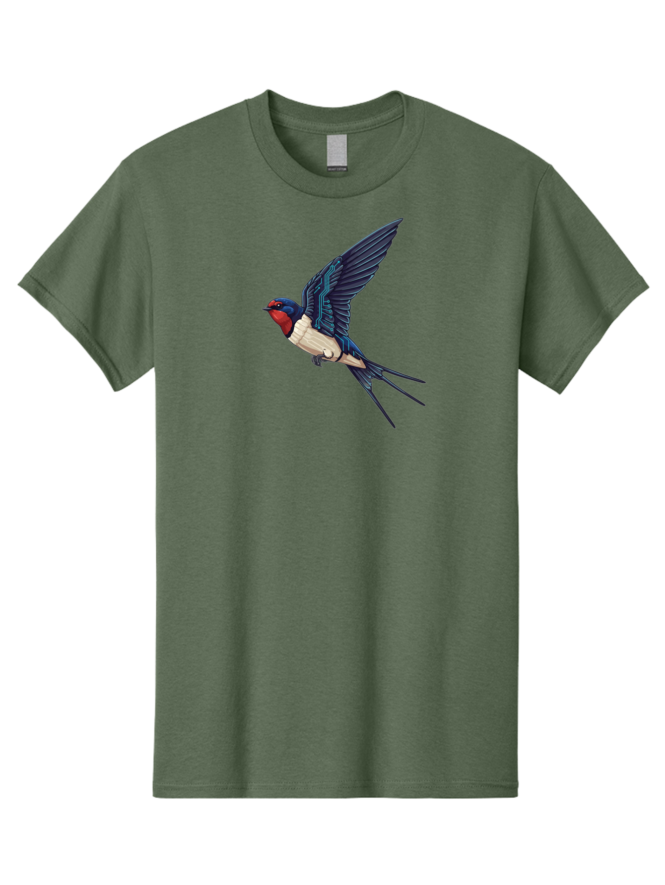 Swallow-3 Men'S Graphic Tee, 100% Cotton, Comfortable Casual Summer Wear, Machine Washable, Barn Swallow In Flight, Blue And White Plumage, Red Face, Sleek Design, Futuristic Elements, Circuit Board Wings, Wildlife Art, Stylized Bird, Bae291