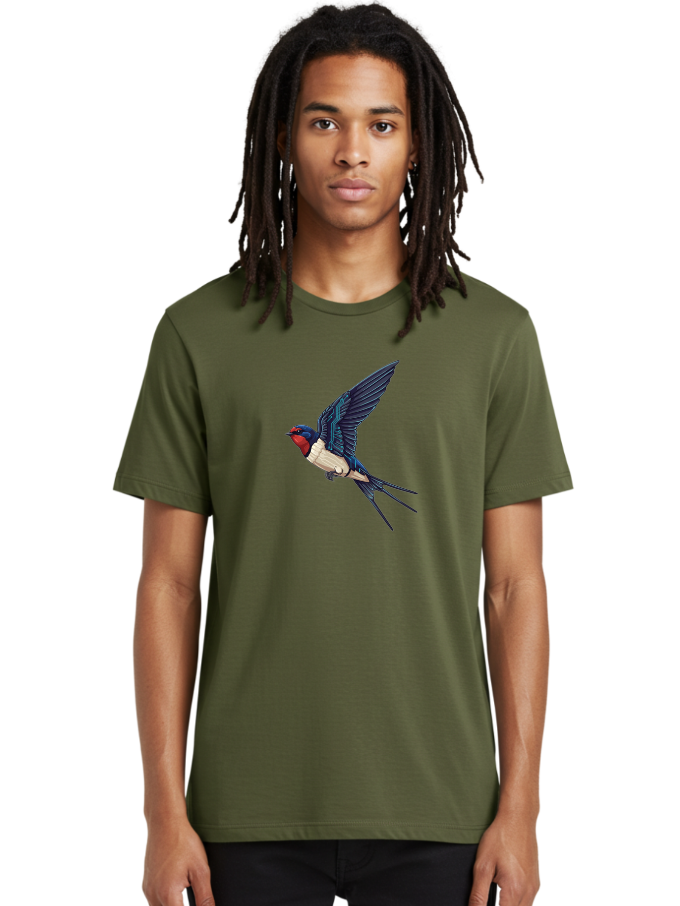 Swallow-3 Men'S Graphic Tee, 100% Cotton, Comfortable Casual Summer Wear, Machine Washable, Barn Swallow In Flight, Blue And White Plumage, Red Face, Sleek Design, Futuristic Elements, Circuit Board Wings, Wildlife Art, Stylized Bird, Bae291