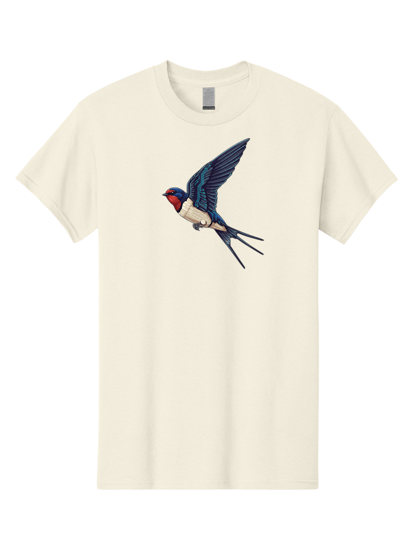 Swallow-3 Men'S Graphic Tee, 100% Cotton, Comfortable Casual Summer Wear, Machine Washable, Barn Swallow In Flight, Blue And White Plumage, Red Face, Sleek Design, Futuristic Elements, Circuit Board Wings, Wildlife Art, Stylized Bird, Bae291