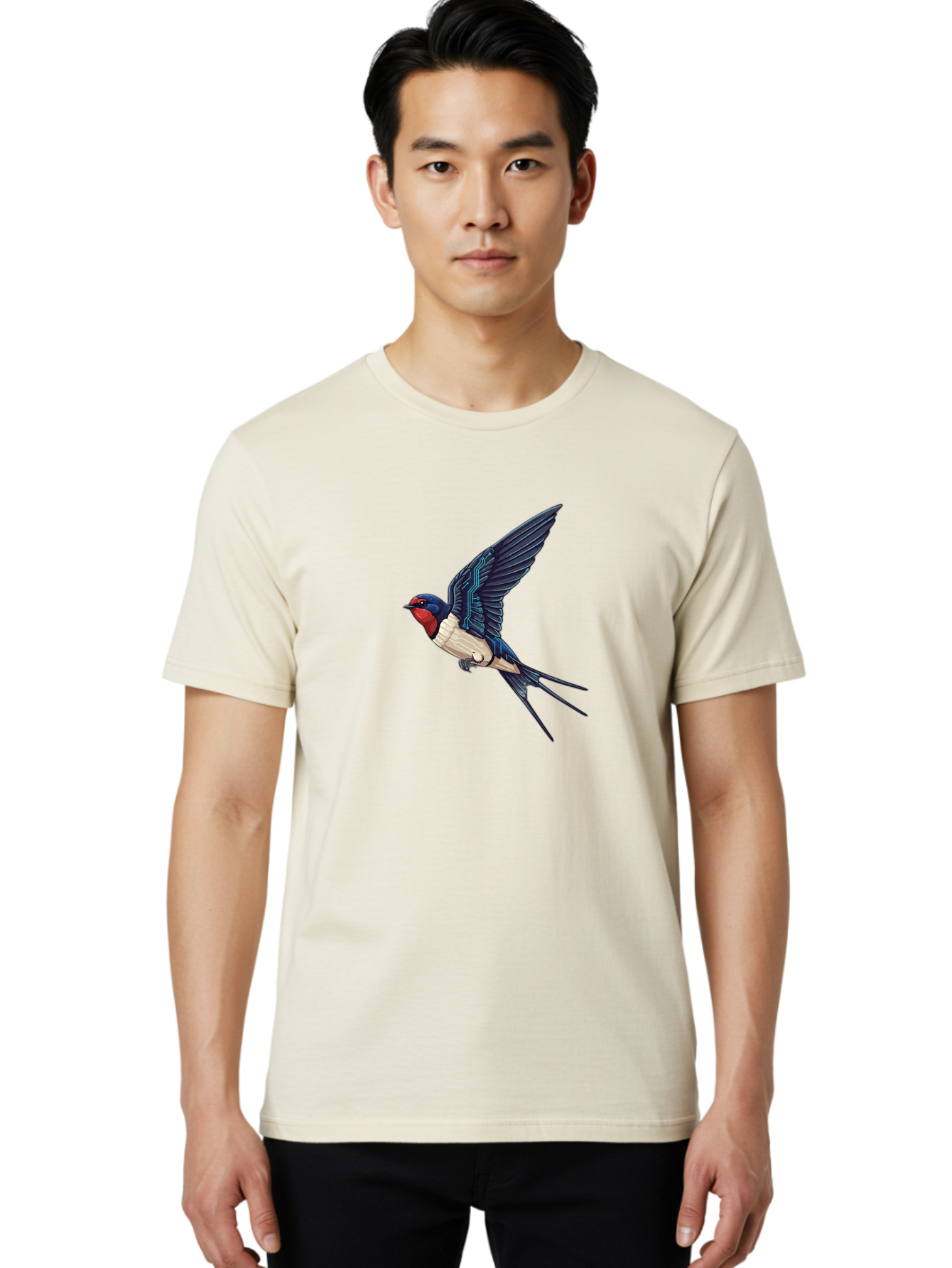 Swallow-3 Men'S Graphic Tee, 100% Cotton, Comfortable Casual Summer Wear, Machine Washable, Barn Swallow In Flight, Blue And White Plumage, Red Face, Sleek Design, Futuristic Elements, Circuit Board Wings, Wildlife Art, Stylized Bird, Bae291