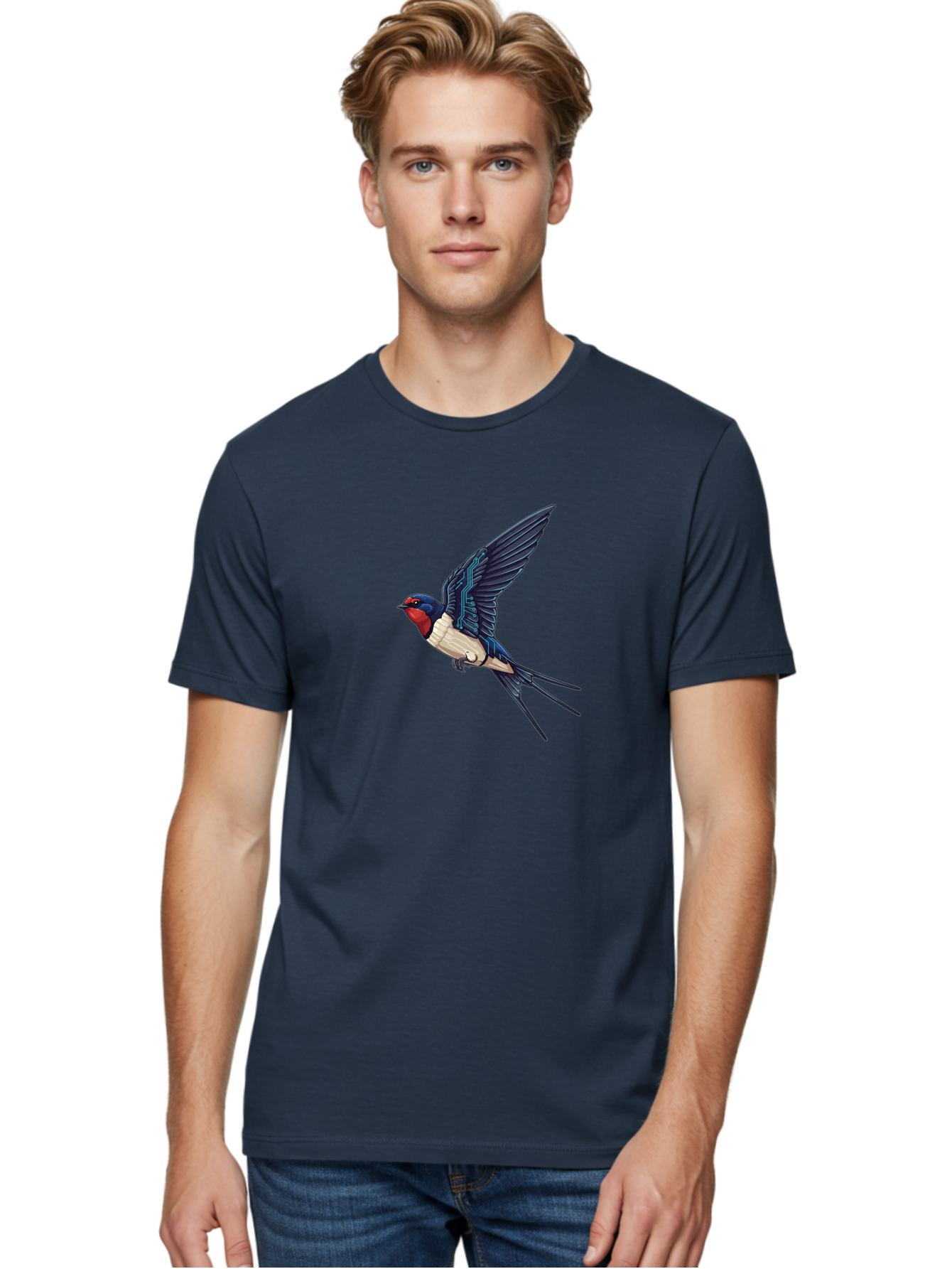 Swallow-3 Men'S Graphic Tee, 100% Cotton, Comfortable Casual Summer Wear, Machine Washable, Barn Swallow In Flight, Blue And White Plumage, Red Face, Sleek Design, Futuristic Elements, Circuit Board Wings, Wildlife Art, Stylized Bird, Bae291