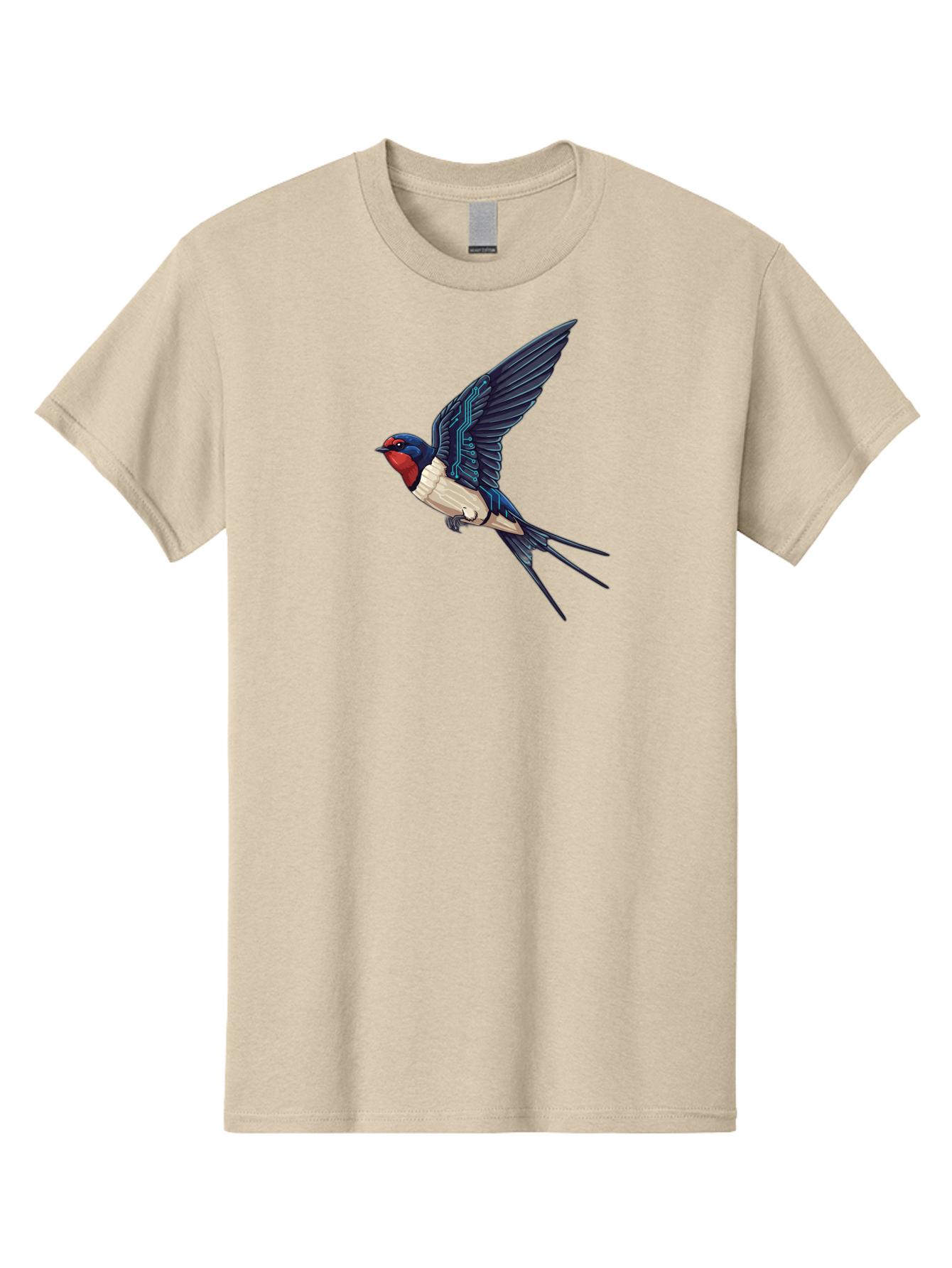 Swallow-3 Men'S Graphic Tee, 100% Cotton, Comfortable Casual Summer Wear, Machine Washable, Barn Swallow In Flight, Blue And White Plumage, Red Face, Sleek Design, Futuristic Elements, Circuit Board Wings, Wildlife Art, Stylized Bird, Bae291