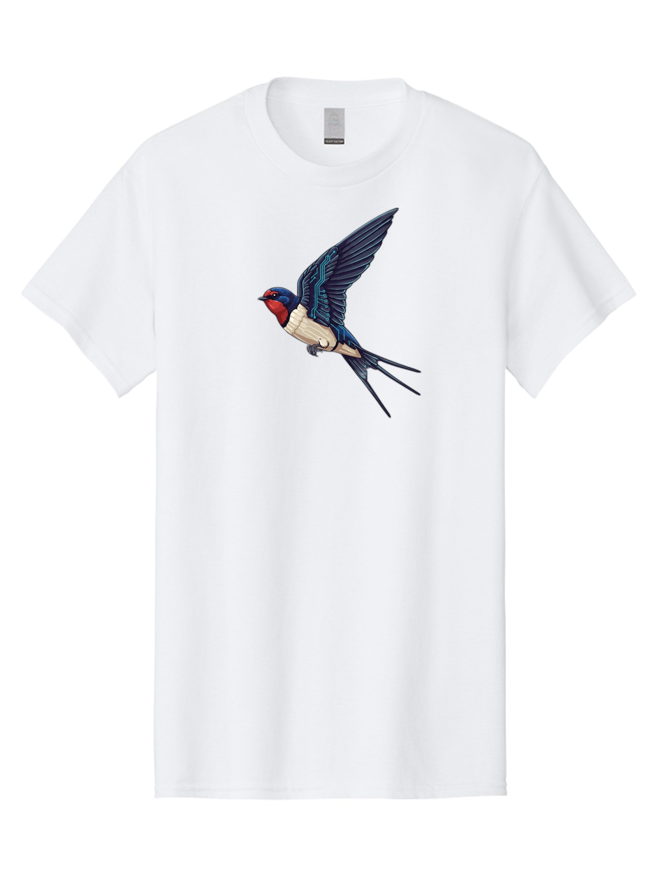 Swallow-3 Men'S Graphic Tee, 100% Cotton, Comfortable Casual Summer Wear, Machine Washable, Barn Swallow In Flight, Blue And White Plumage, Red Face, Sleek Design, Futuristic Elements, Circuit Board Wings, Wildlife Art, Stylized Bird, Bae291