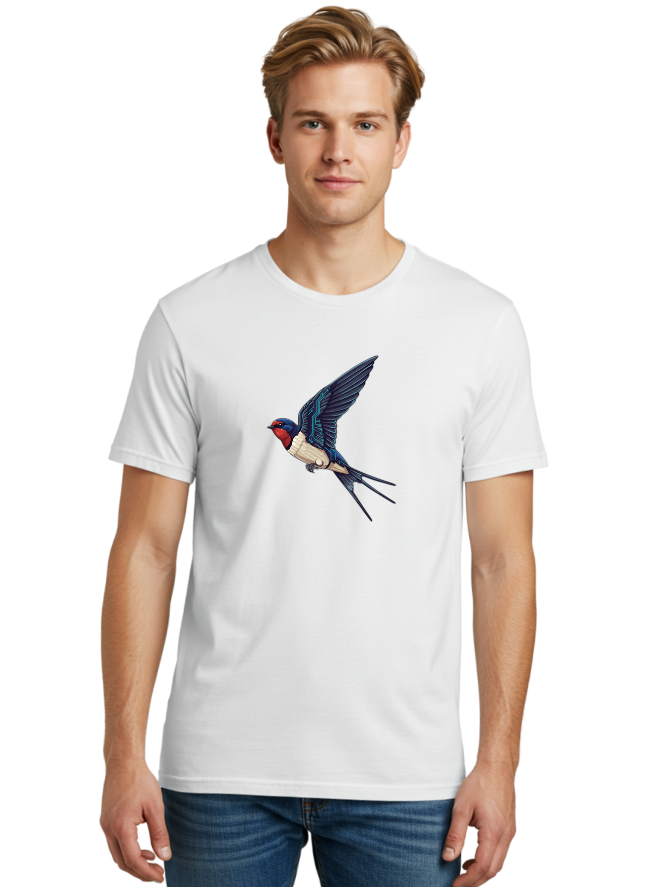 Swallow-3 Men'S Graphic Tee, 100% Cotton, Comfortable Casual Summer Wear, Machine Washable, Barn Swallow In Flight, Blue And White Plumage, Red Face, Sleek Design, Futuristic Elements, Circuit Board Wings, Wildlife Art, Stylized Bird, Bae291