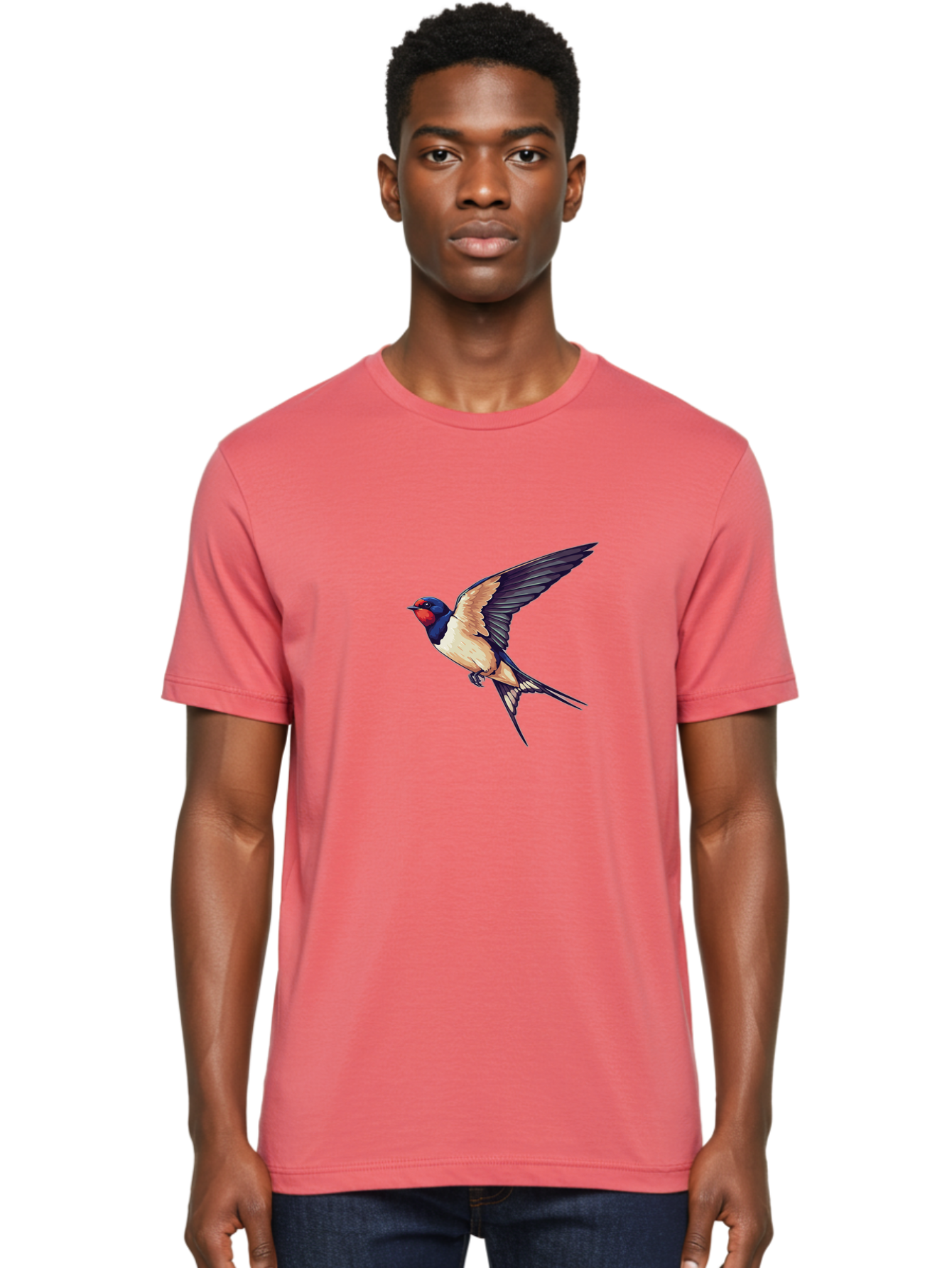 Swallow-Bird-1 Men'S Graphic Tee, 100% Cotton, Comfortable Casual Summer Wear, Machine Washable, Bird In Flight, Swallow Species, Blue And Red Head, White And Black Wings, Natural Flight, Birdwatching, Wildlife Photography, Migratory Bird, Bae292