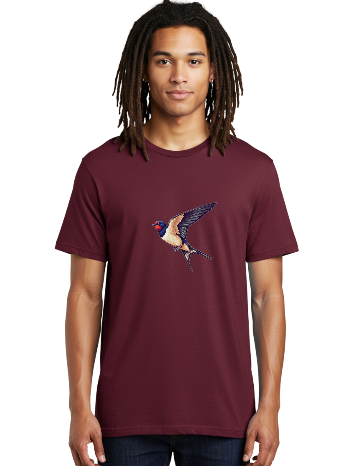 Swallow-Bird-1 Men'S Graphic Tee, 100% Cotton, Comfortable Casual Summer Wear, Machine Washable, Bird In Flight, Swallow Species, Blue And Red Head, White And Black Wings, Natural Flight, Birdwatching, Wildlife Photography, Migratory Bird, Bae292