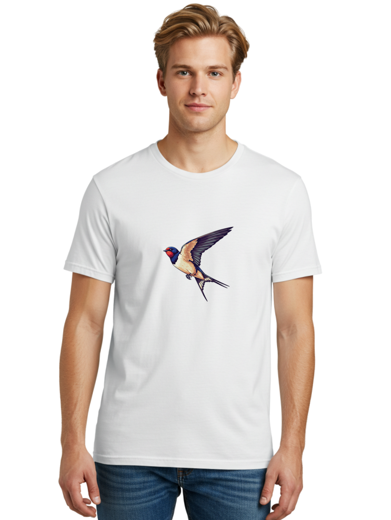 Swallow-Bird-1 Men'S Graphic Tee, 100% Cotton, Comfortable Casual Summer Wear, Machine Washable, Bird In Flight, Swallow Species, Blue And Red Head, White And Black Wings, Natural Flight, Birdwatching, Wildlife Photography, Migratory Bird, Bae292