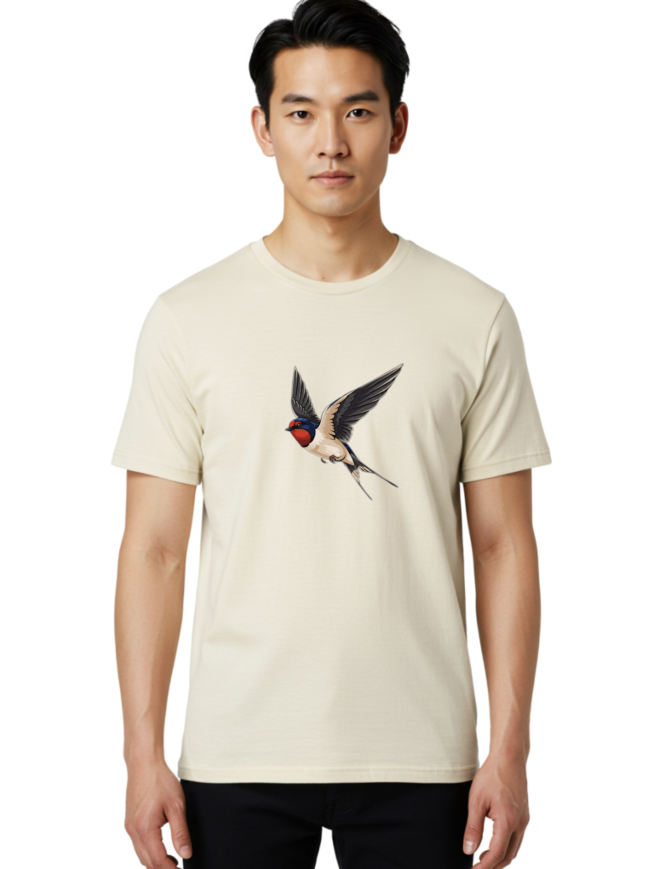 Swallow-Bird-In-Flight Men'S Graphic Tee, 100% Cotton, Comfortable Casual Summer Wear, Machine Washable, Swallow Bird In Flight, Red Face, Blue Head, White Belly, Black Wings, Bird Species, Wildlife Illustration, Flying Bird, Animal Art Bae293