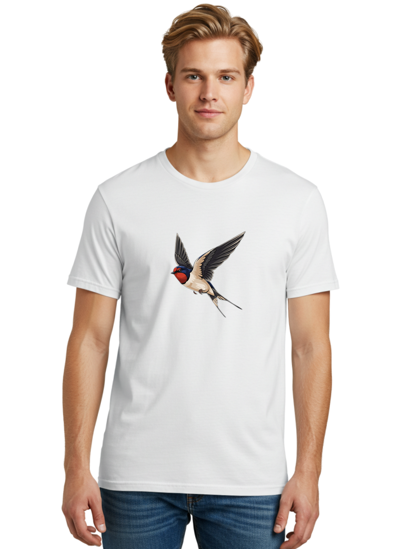 Swallow-Bird-In-Flight Men'S Graphic Tee, 100% Cotton, Comfortable Casual Summer Wear, Machine Washable, Swallow Bird In Flight, Red Face, Blue Head, White Belly, Black Wings, Bird Species, Wildlife Illustration, Flying Bird, Animal Art Bae293