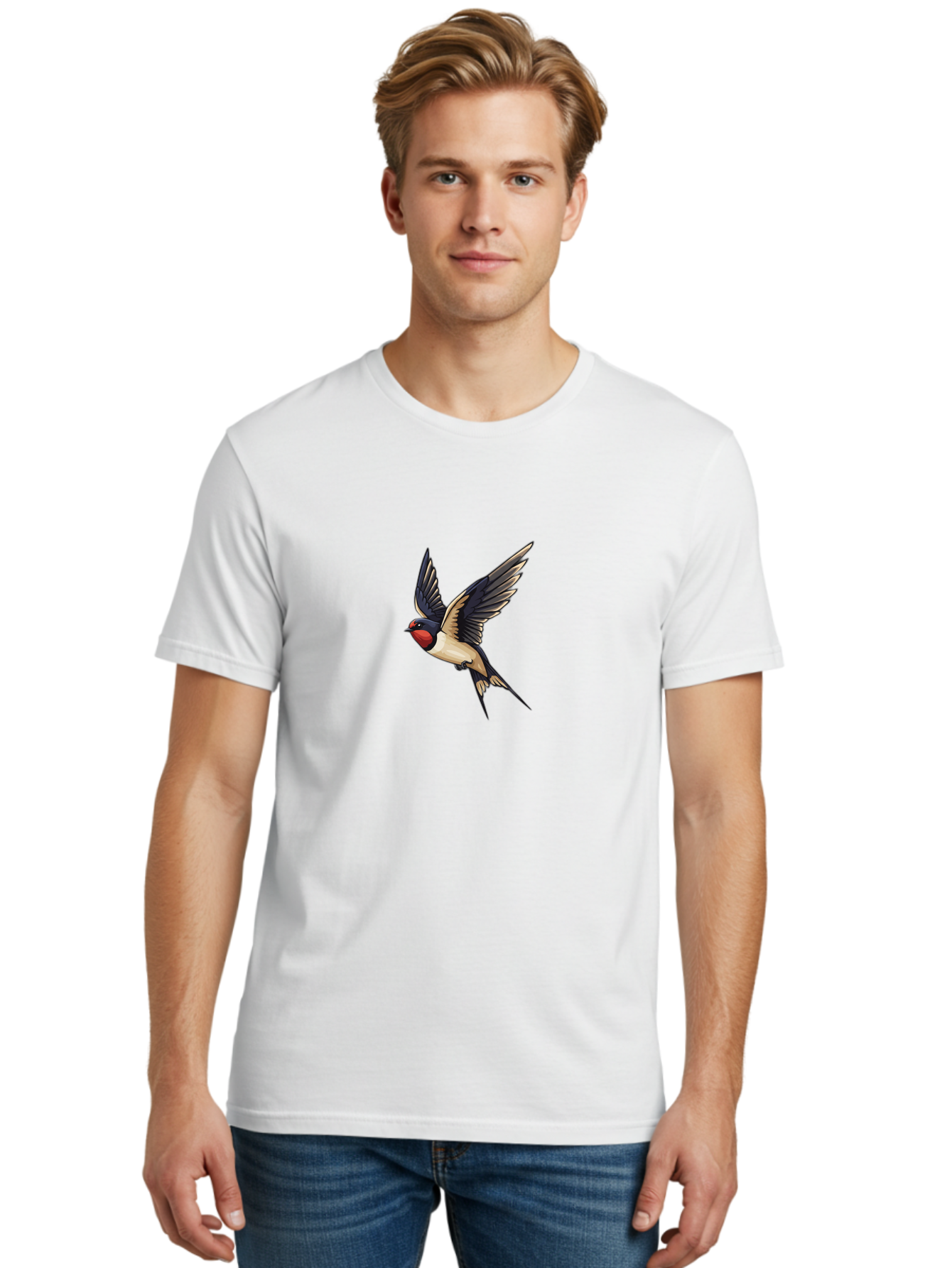 Swallow-Bird Men'S Graphic Tee, 100% Cotton, Comfortable Casual Summer Wear, Machine Washable, Swallow Bird In Flight, Bird Flying, Black And White Bird, Red Face Bird, Wingspan, Bird Species, Wildlife Illustration, Nature Art Bae294