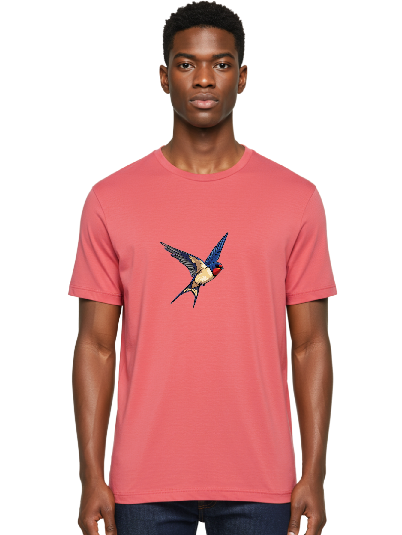 Swallow-Flying Men'S Graphic Tee, 100% Cotton, Comfortable Casual Summer Wear, Machine Washable, Swallow Bird In Flight, Blue And Tan Feathers, Red Face, Dynamic Wings, Bird In Mid-Air, Wildlife Illustration, Colorful Plumage, Bird'S Eye View, Bae295
