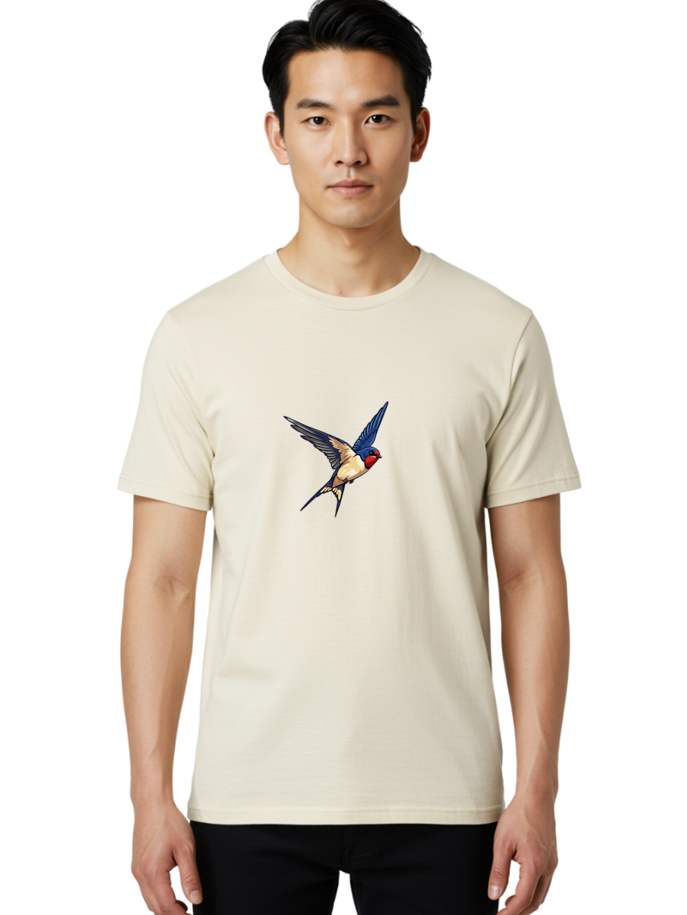 Swallow-Flying Men'S Graphic Tee, 100% Cotton, Comfortable Casual Summer Wear, Machine Washable, Swallow Bird In Flight, Blue And Tan Feathers, Red Face, Dynamic Wings, Bird In Mid-Air, Wildlife Illustration, Colorful Plumage, Bird'S Eye View, Bae295