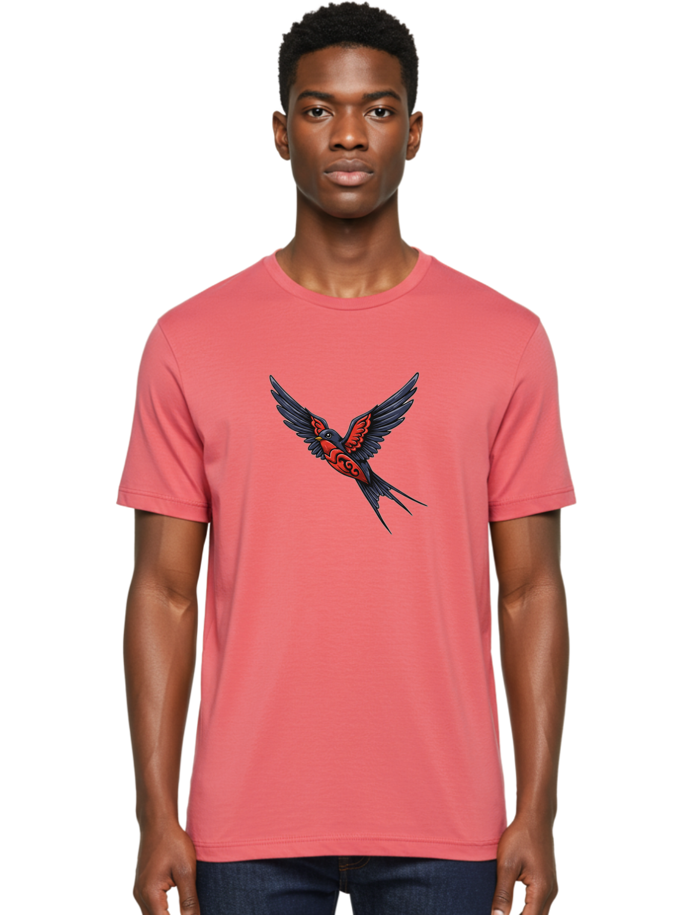 Swallow-In-Flight-1 Men'S Graphic Tee, 100% Cotton, Comfortable Casual Summer Wear, Machine Washable, Tribal Swallow Design, Bird In Flight, Red And Black Artwork, Tattoo Inspiration, Symbolic Bird, Winged Creature, Traditional Tattoo Art, Bae296