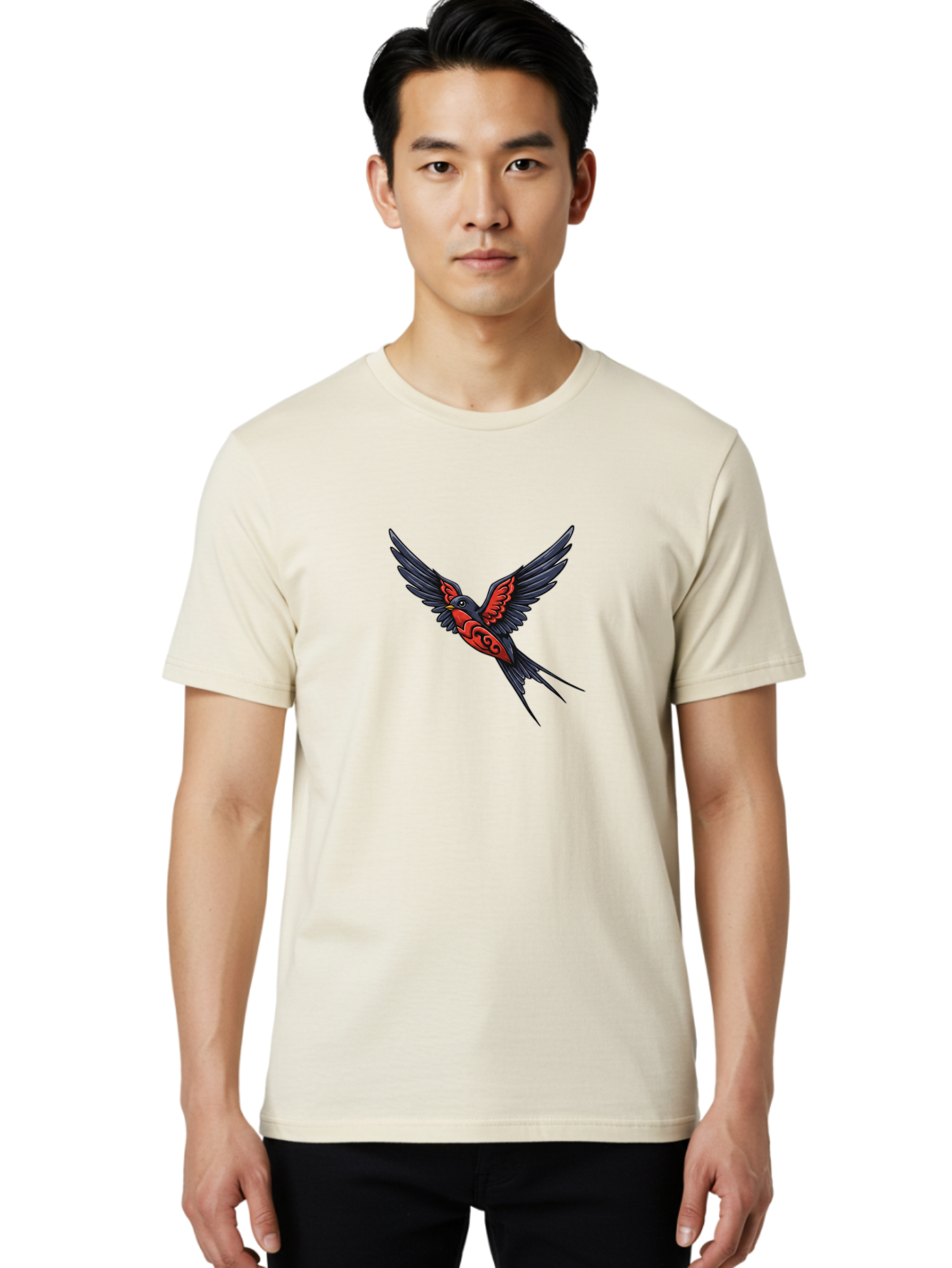 Swallow-In-Flight-1 Men'S Graphic Tee, 100% Cotton, Comfortable Casual Summer Wear, Machine Washable, Tribal Swallow Design, Bird In Flight, Red And Black Artwork, Tattoo Inspiration, Symbolic Bird, Winged Creature, Traditional Tattoo Art, Bae296