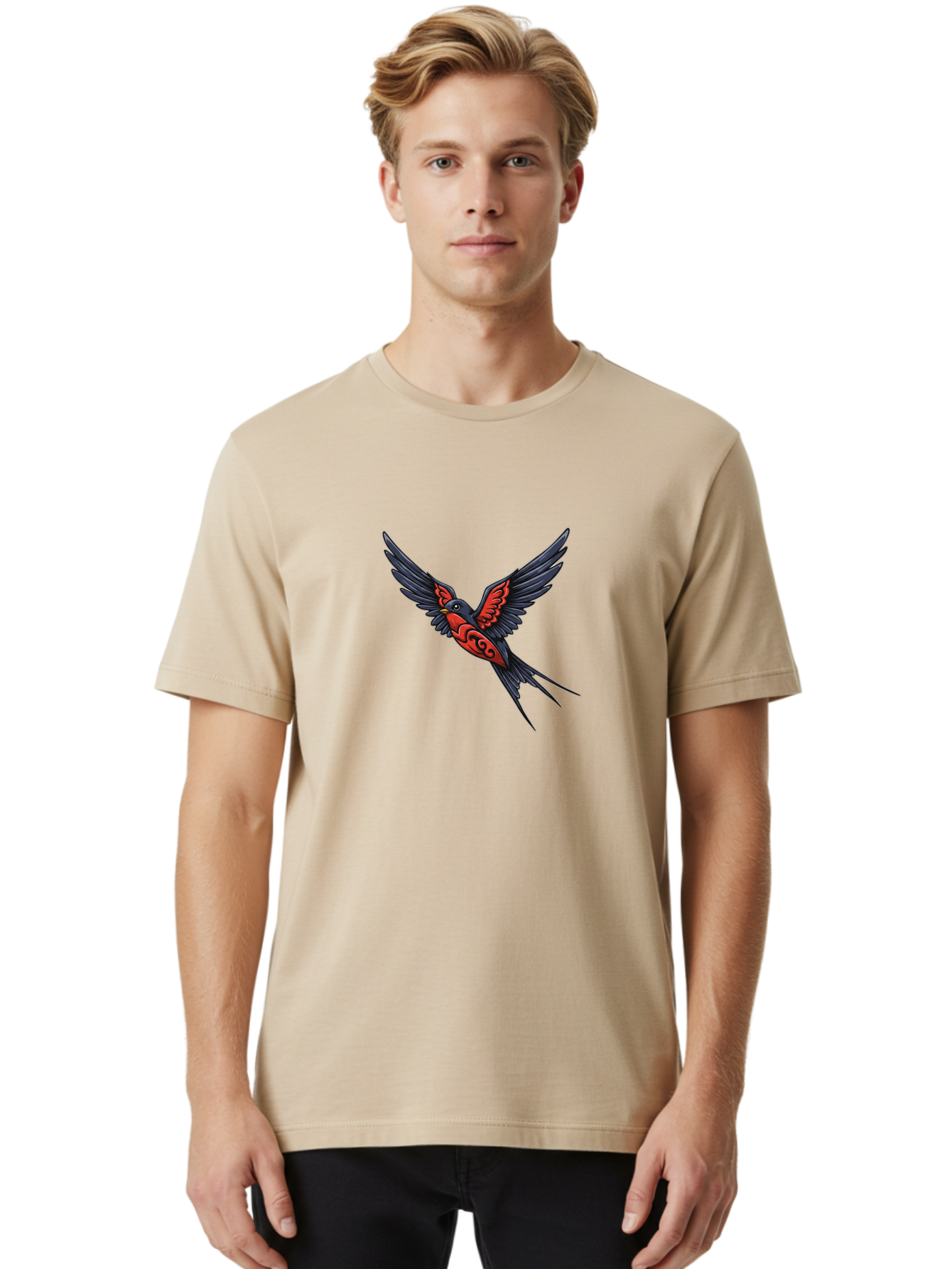Swallow-In-Flight-1 Men'S Graphic Tee, 100% Cotton, Comfortable Casual Summer Wear, Machine Washable, Tribal Swallow Design, Bird In Flight, Red And Black Artwork, Tattoo Inspiration, Symbolic Bird, Winged Creature, Traditional Tattoo Art, Bae296