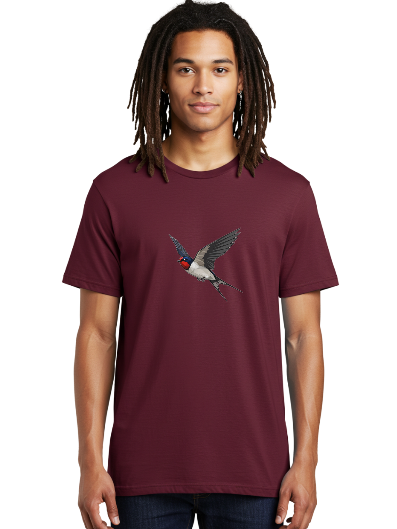 Swallow Men'S Graphic Tee, 100% Cotton, Comfortable Casual Summer Wear, Machine Washable, Swallow In Flight, Bird Flying, Wildlife Illustration, Colorful Plumage, Dynamic Movement, Avian Art, Cartoon Bird, Red Face, Blue Head, White Body, Bae299