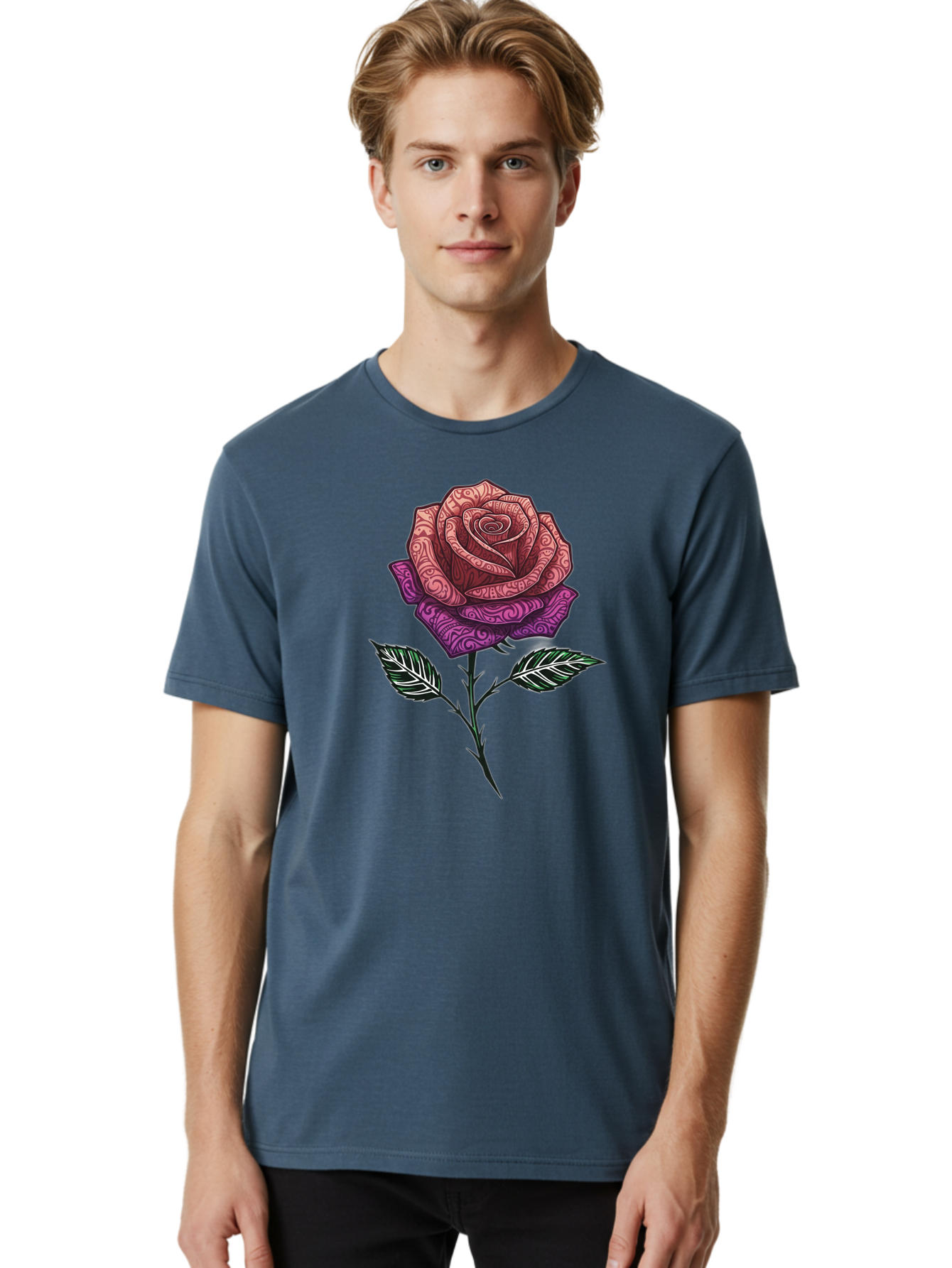Tattoo-Rose Men'S Graphic Tee, 100% Cotton, Comfortable Casual Summer Wear, Machine Washable, Henna Art Rose, Beautiful Flower, Intricate Designs, Floral Pattern, Decorative Rose, Tattoo Style Bae301