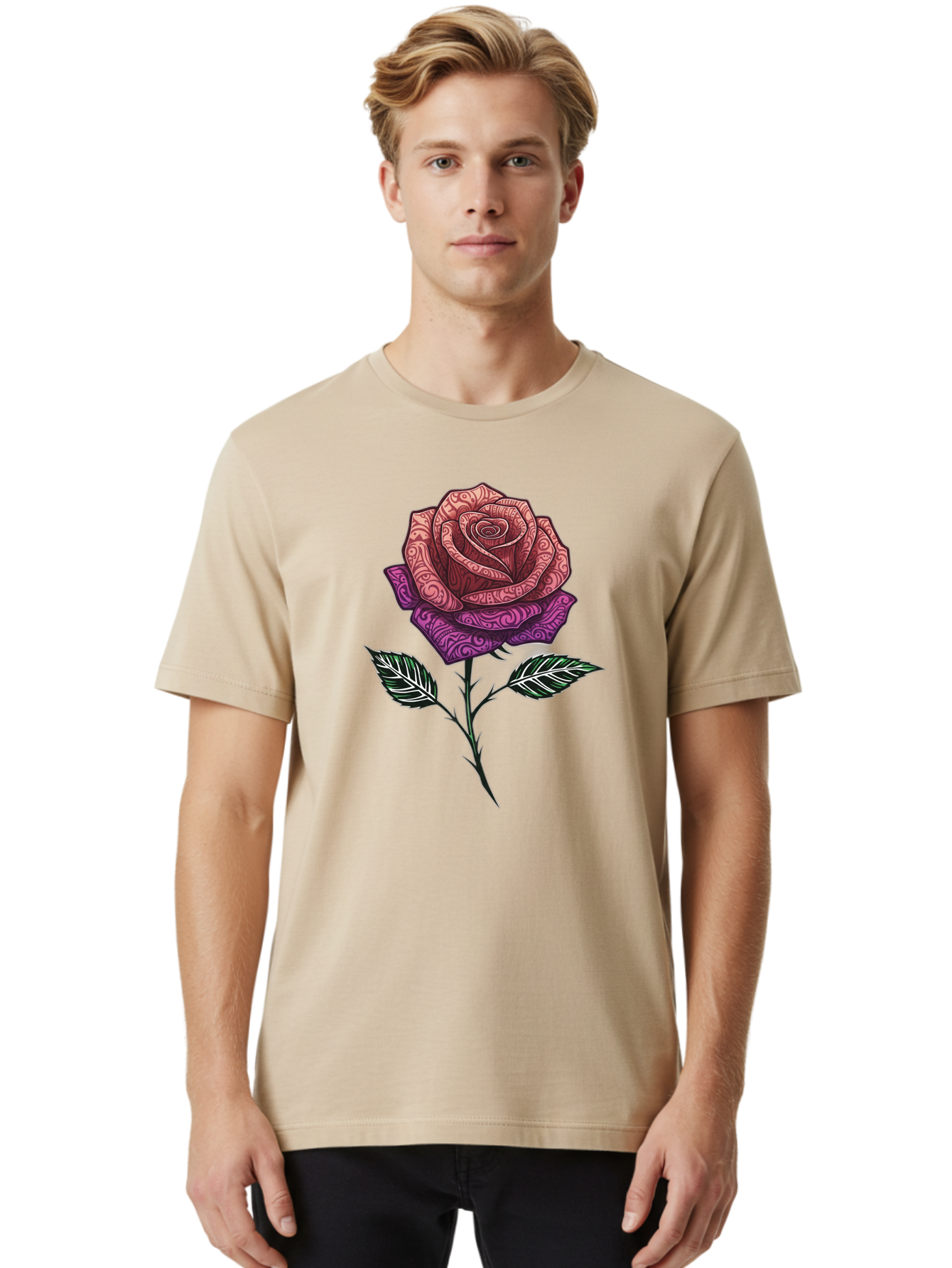 Tattoo-Rose Men'S Graphic Tee, 100% Cotton, Comfortable Casual Summer Wear, Machine Washable, Henna Art Rose, Beautiful Flower, Intricate Designs, Floral Pattern, Decorative Rose, Tattoo Style Bae301