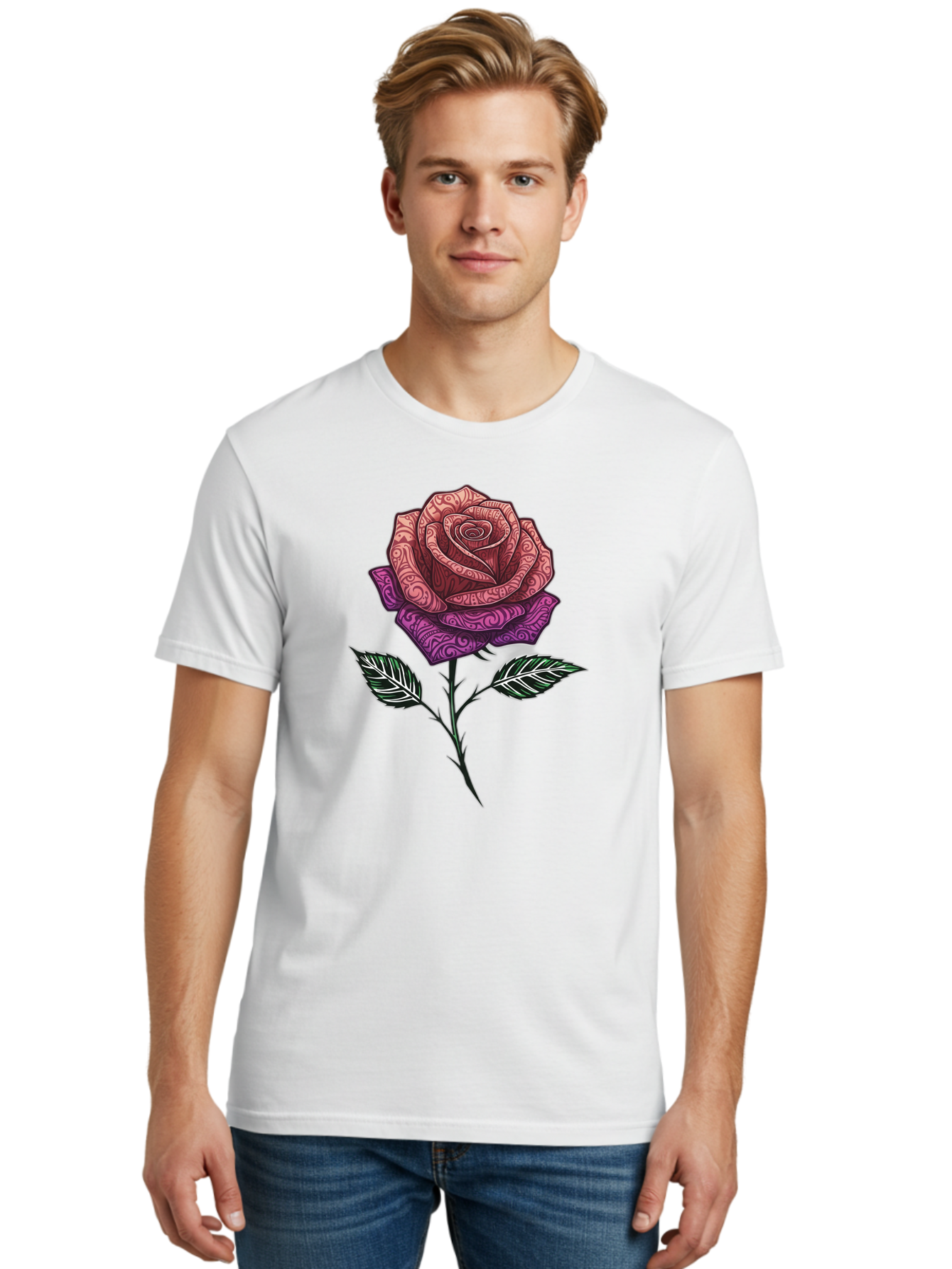 Tattoo-Rose Men'S Graphic Tee, 100% Cotton, Comfortable Casual Summer Wear, Machine Washable, Henna Art Rose, Beautiful Flower, Intricate Designs, Floral Pattern, Decorative Rose, Tattoo Style Bae301