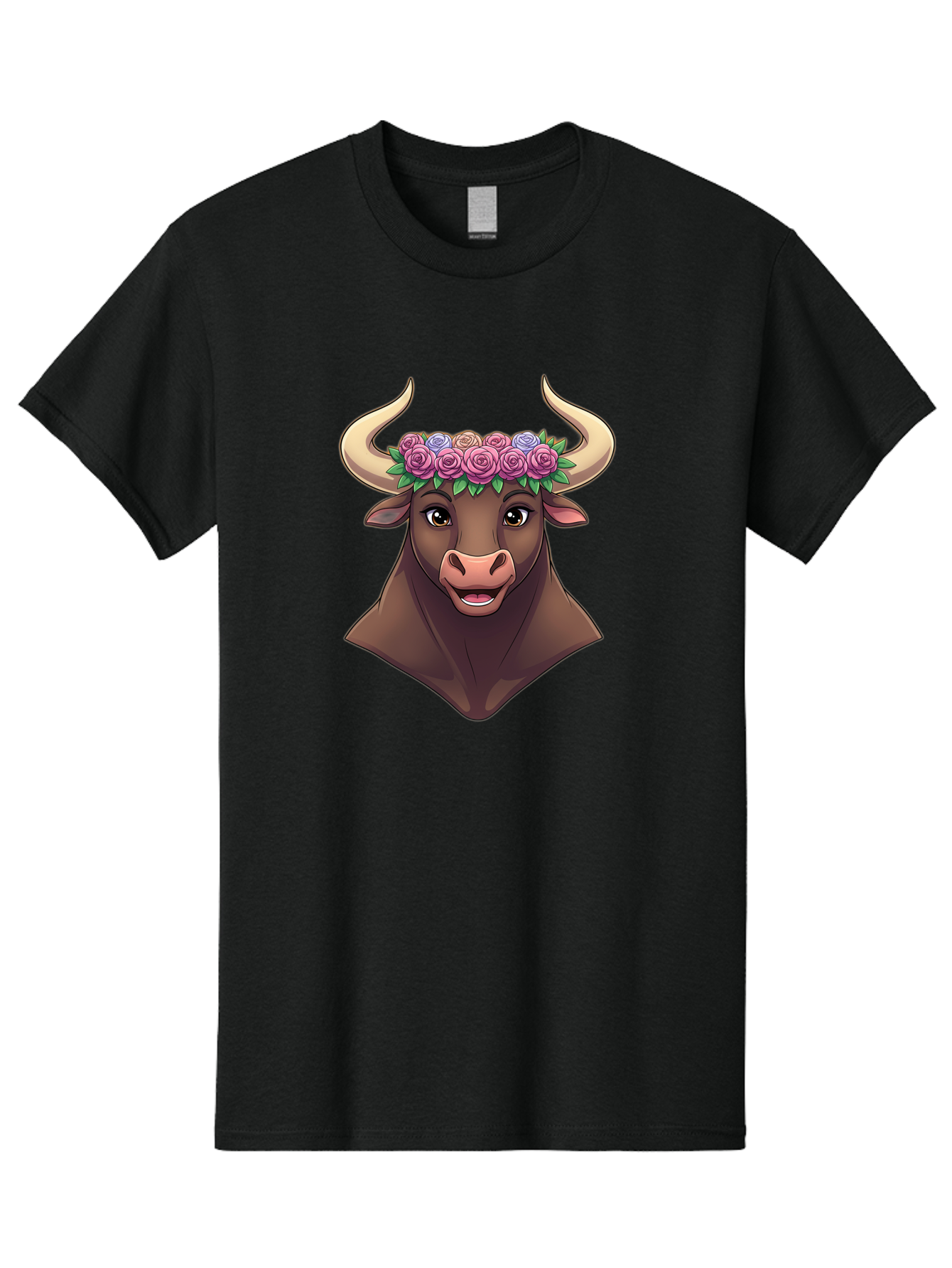 Taurus-Bull-Head Men'S Graphic Tee, 100% Cotton, Comfortable Casual Summer Wear, Machine Washable, Cartoon Bull, Floral Crown, Pink Roses, Purple Flowers, Happy Expression, Brown Cow, Large Horns, Whimsical Design, Illustration Art, Bae303
