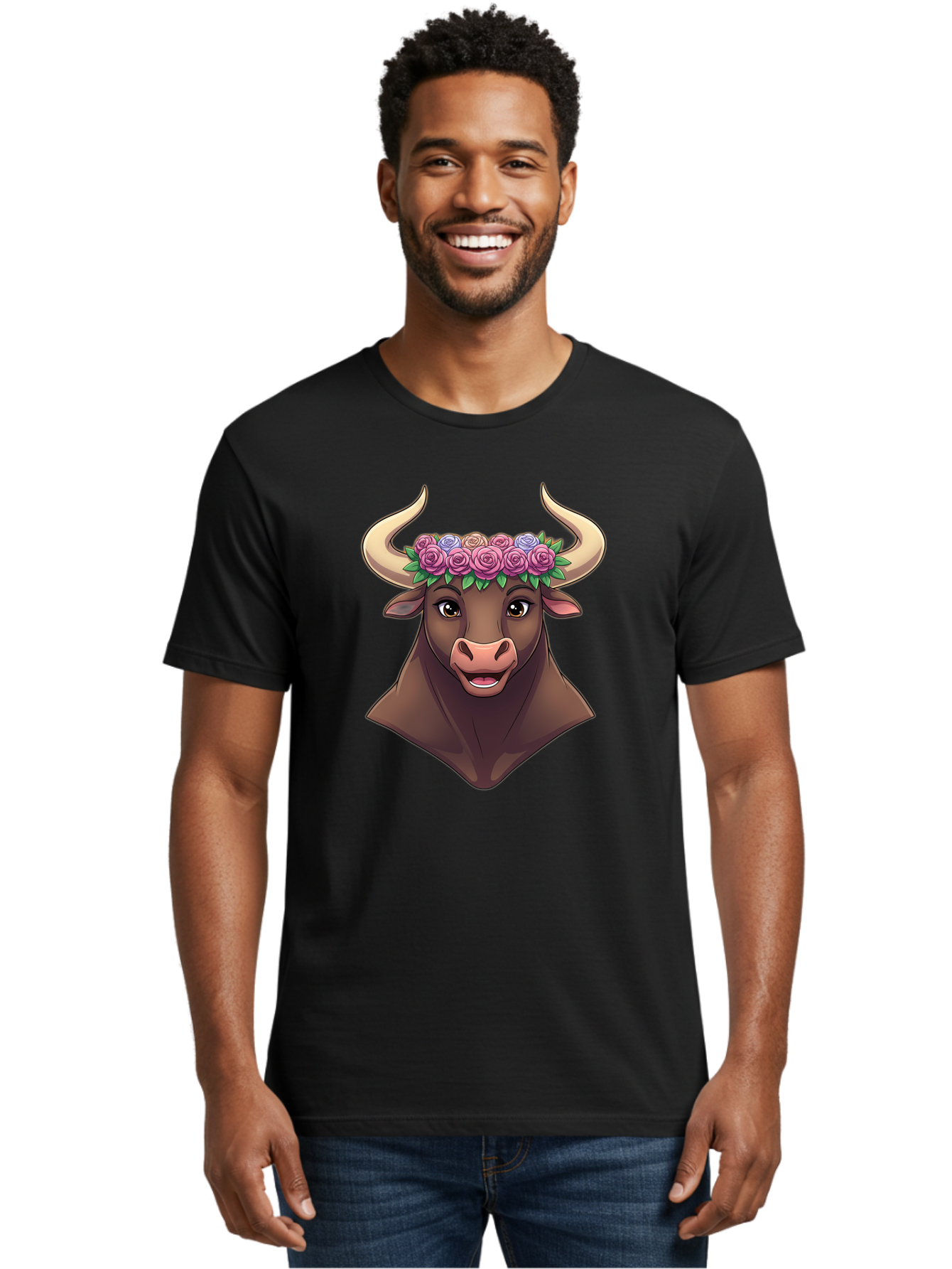 Taurus-Bull-Head Men'S Graphic Tee, 100% Cotton, Comfortable Casual Summer Wear, Machine Washable, Cartoon Bull, Floral Crown, Pink Roses, Purple Flowers, Happy Expression, Brown Cow, Large Horns, Whimsical Design, Illustration Art, Bae303
