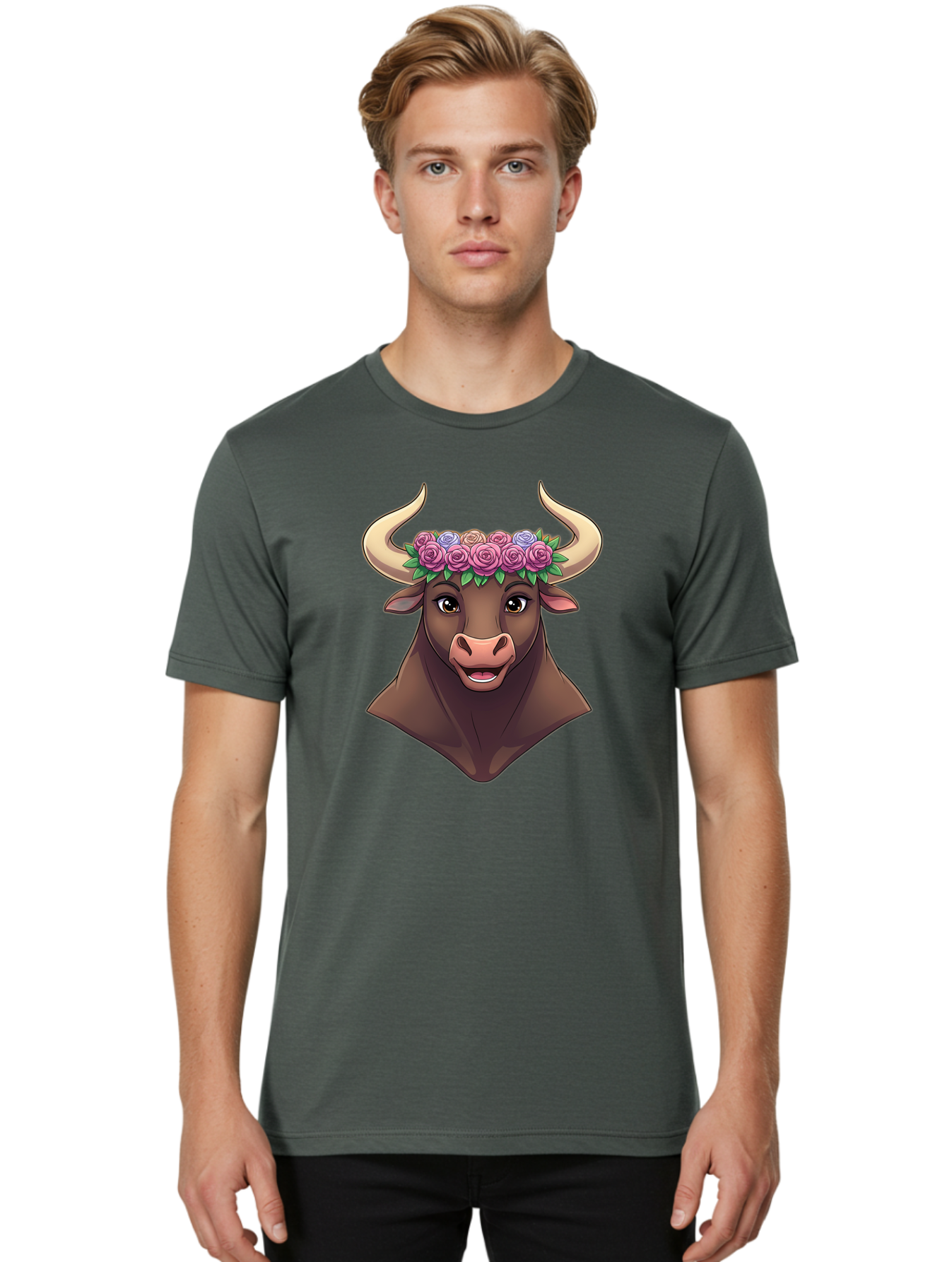 Taurus-Bull-Head Men'S Graphic Tee, 100% Cotton, Comfortable Casual Summer Wear, Machine Washable, Cartoon Bull, Floral Crown, Pink Roses, Purple Flowers, Happy Expression, Brown Cow, Large Horns, Whimsical Design, Illustration Art, Bae303