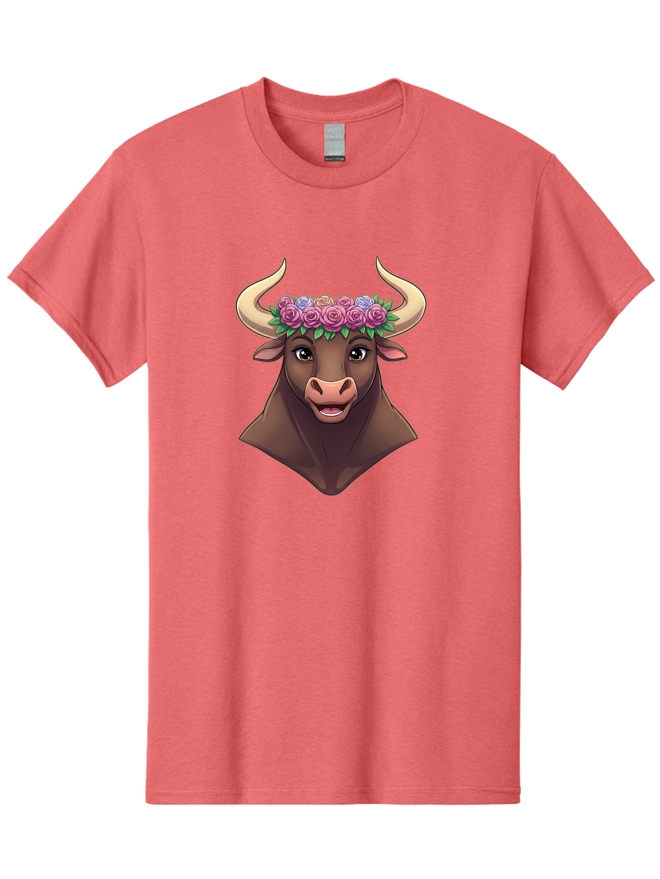 Taurus-Bull-Head Men'S Graphic Tee, 100% Cotton, Comfortable Casual Summer Wear, Machine Washable, Cartoon Bull, Floral Crown, Pink Roses, Purple Flowers, Happy Expression, Brown Cow, Large Horns, Whimsical Design, Illustration Art, Bae303